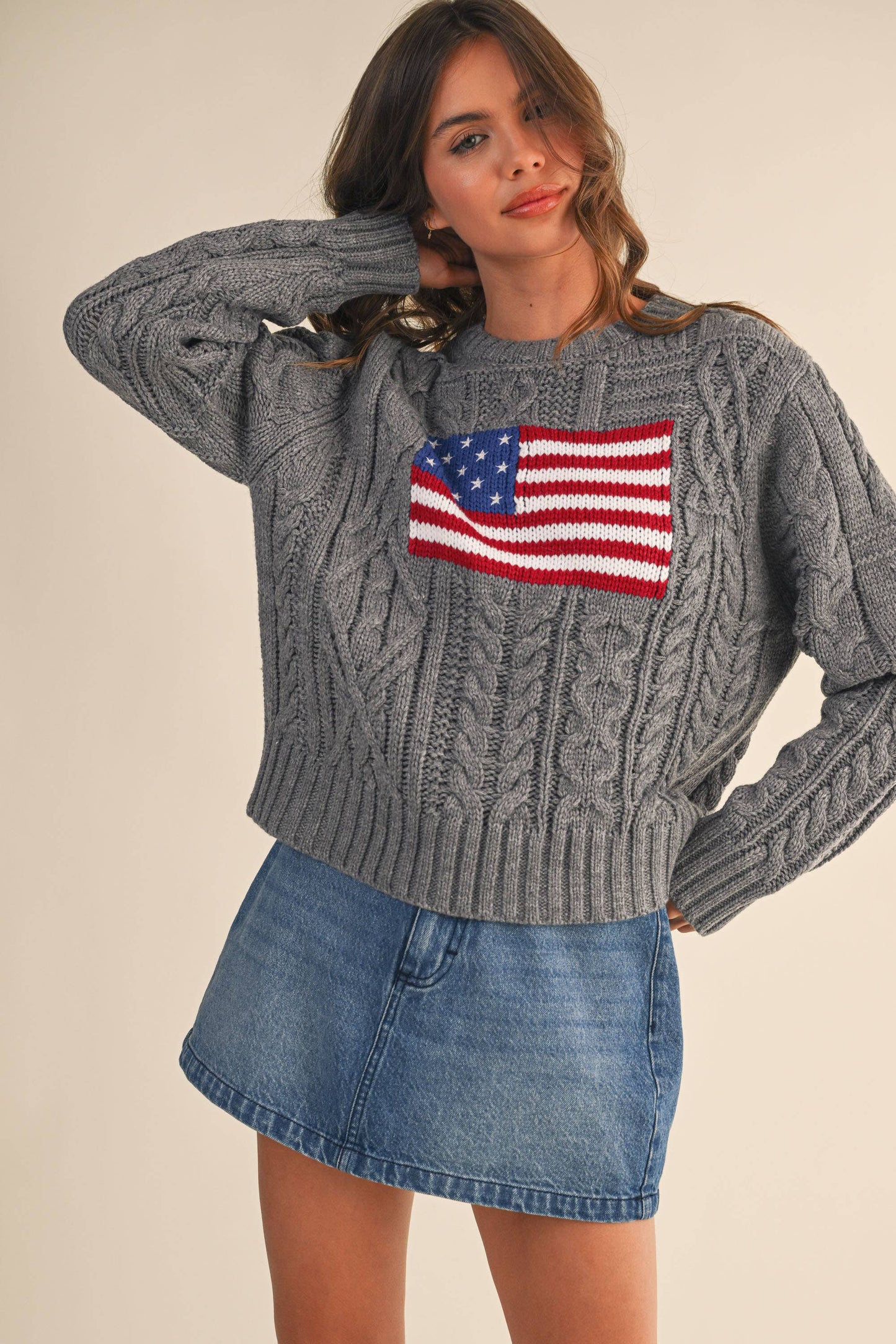 IT4473 USA FLAG CABLE KNIT SWEATER