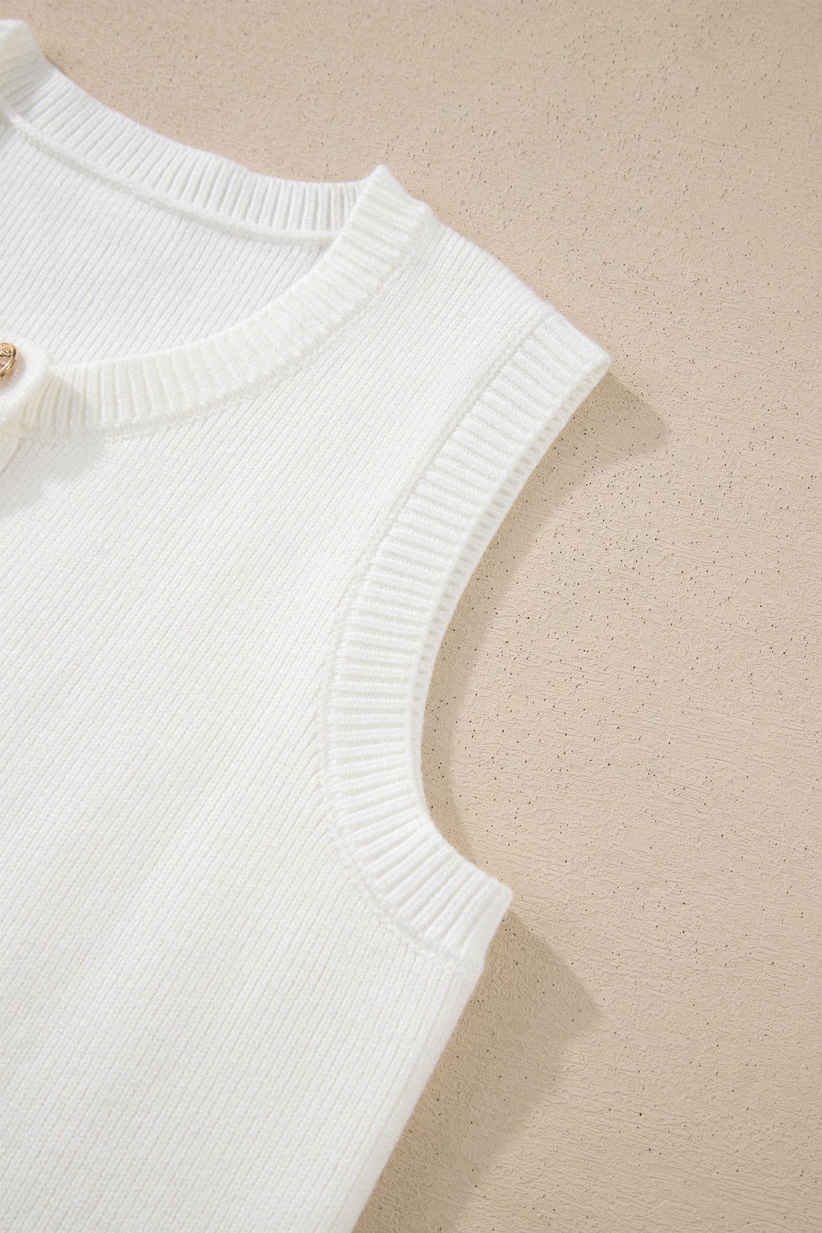 White Solid Color Sleeveless Knit Button Pocketed Sweater