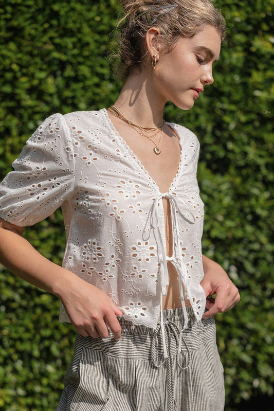 Off-White Eyelet Tie Front Top
