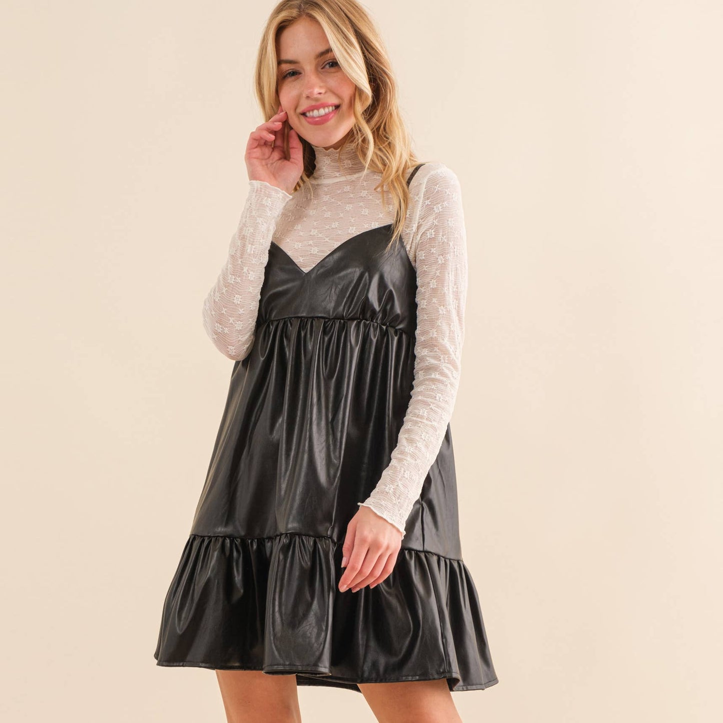 LEATHER MINI DRESS-HYD0055: Black