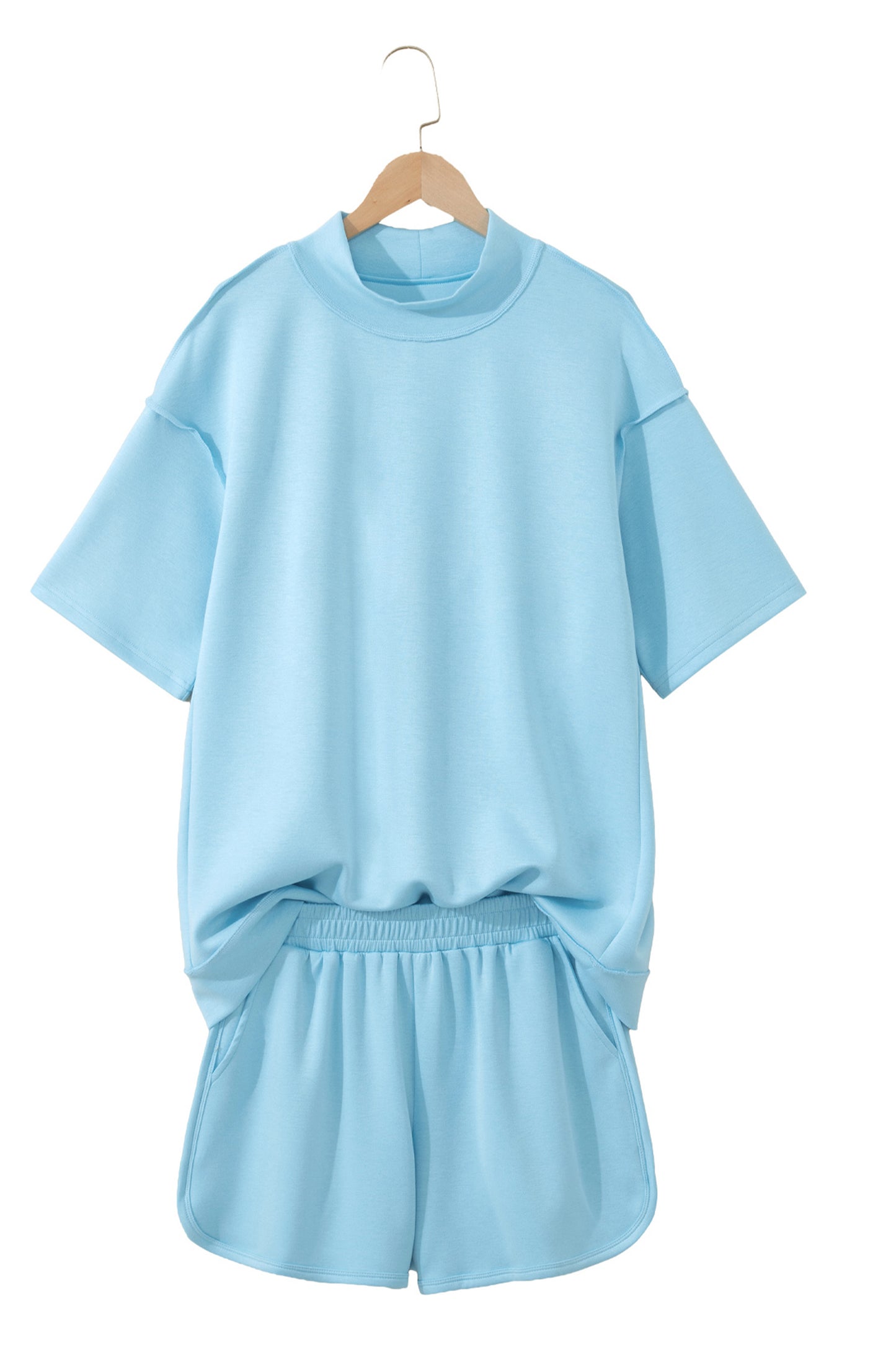 Moonlight Jade Solid Color Exposed Seam Mock Neck Oversize Tee Casual Shorts 2pcs Outfit