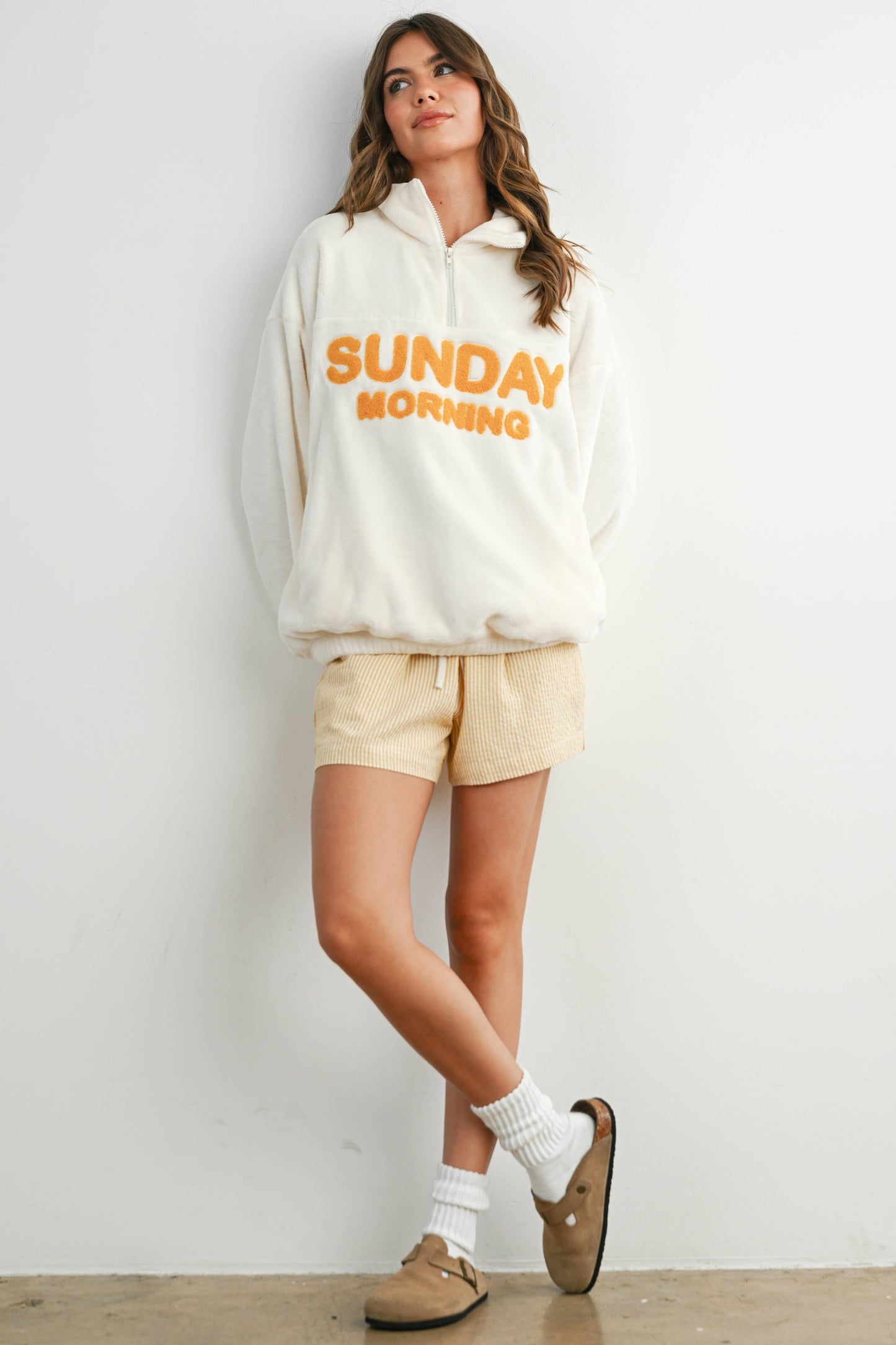 Sunday Morning Half-Zip Pullover Sweatshirt - BMT7579: IVORY / OLIVE / S