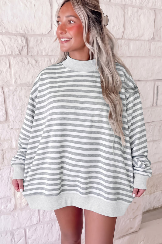 Gray Stripe Cozy Mock Neck Oversized Tunic Sweatshirt