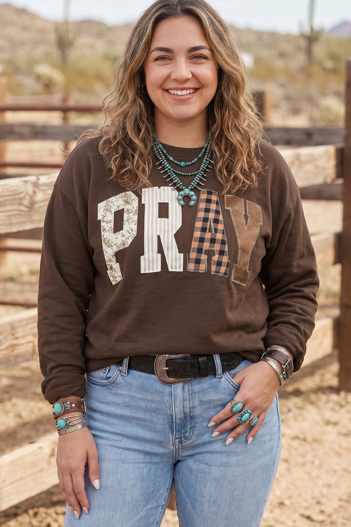Gray PRAY Letter Patchwork Round Neck Long Sleeve Plus Size Sweatshirt