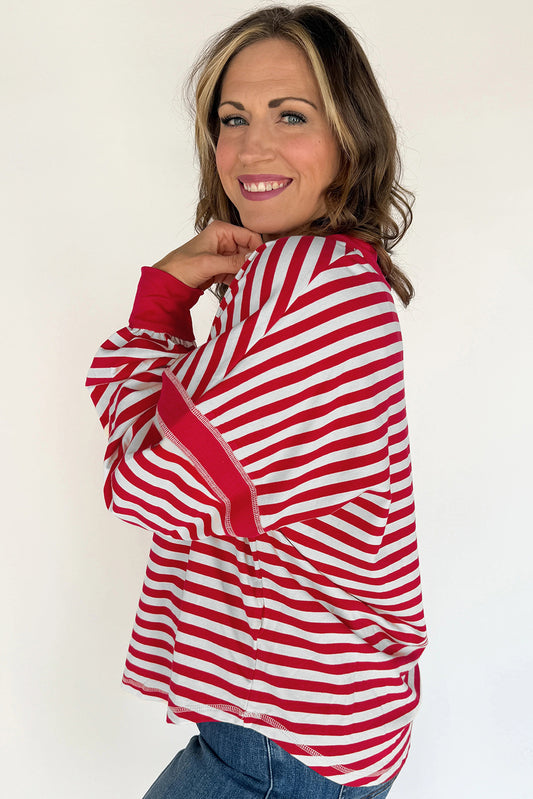 Red Stripe Exposed Seam V Neck Balloon Sleeve Pullover