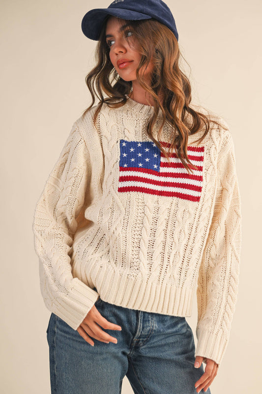 IT4473 USA FLAG CABLE KNIT SWEATER