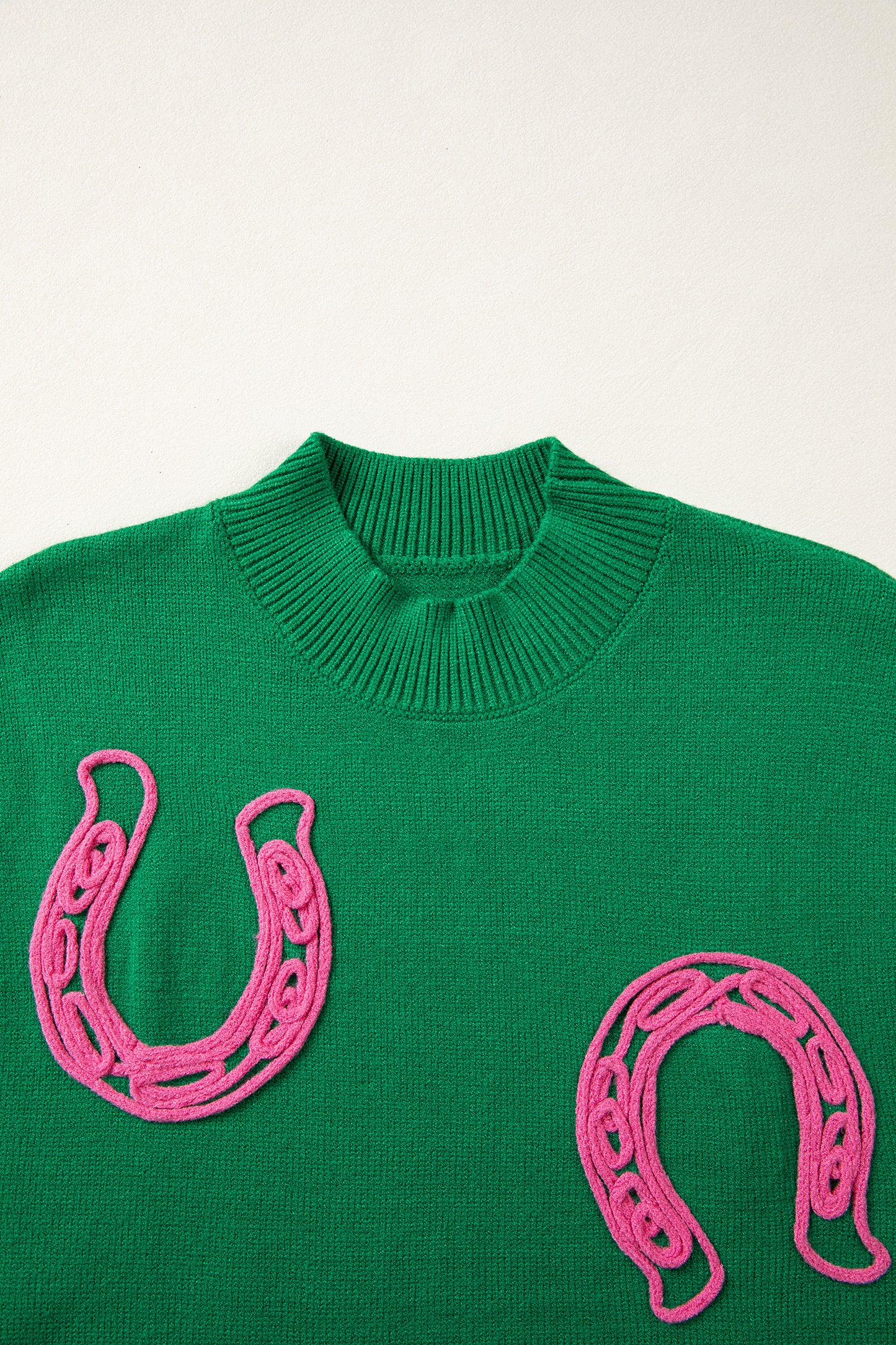 Bright Green Corded Horseshoes Ribbed Trim Mock Neck Short Sleeve Sweater