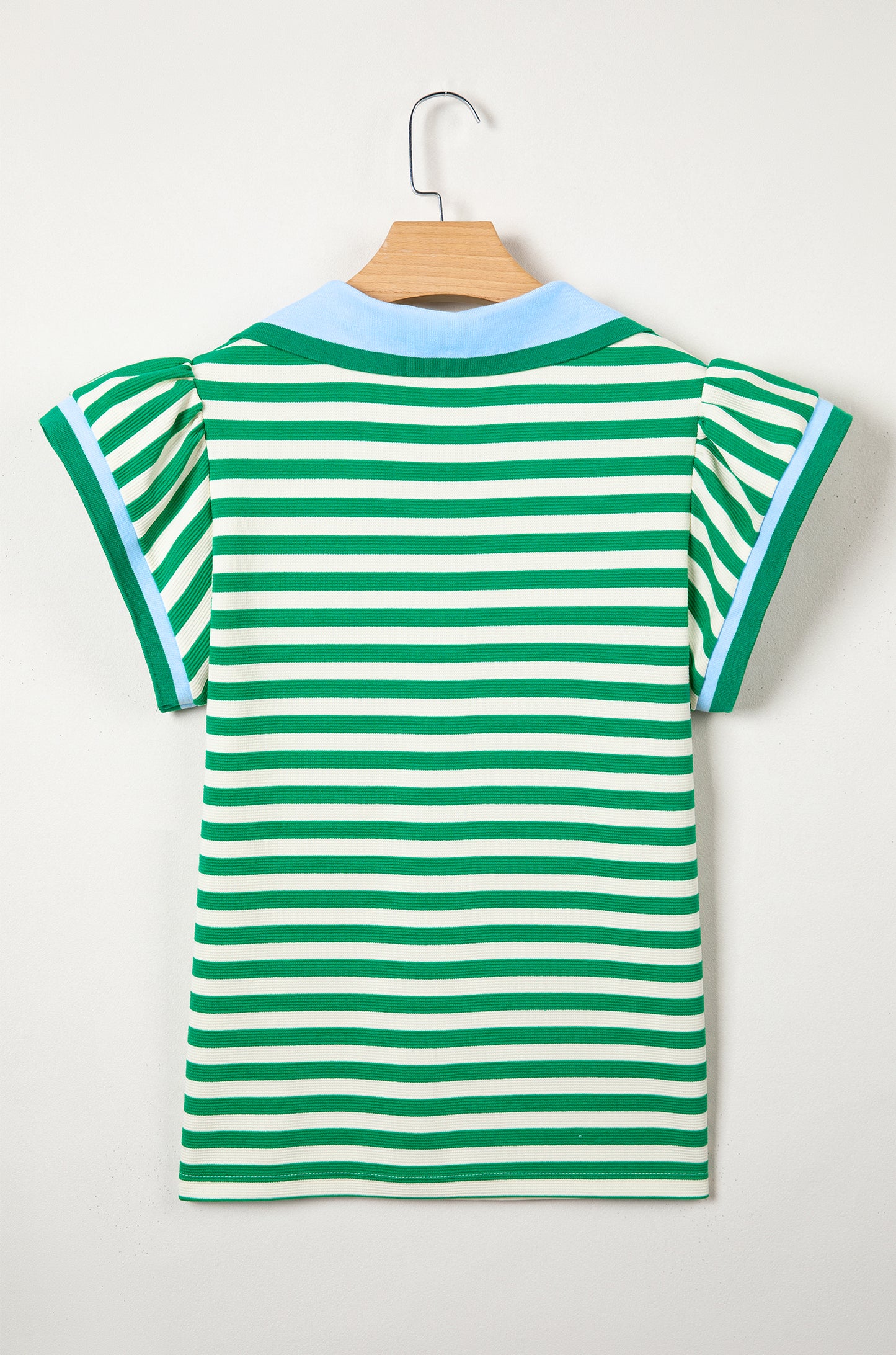 Rose Stripe Contrast Trim Polo Collar Ruffled Short Sleeve Blouse