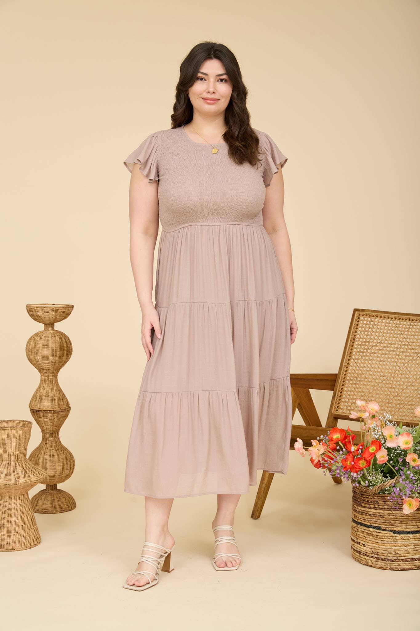 PLUS TIERED SMOCKED SHORT SLEEVE MIDI DRESS