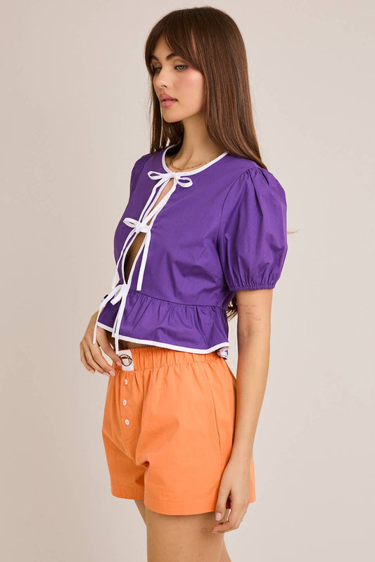 GAMEDAY PURPLE PUFF SHORT SLEEVE CONTRAST BOW DETAIL OPEN BLOUSE