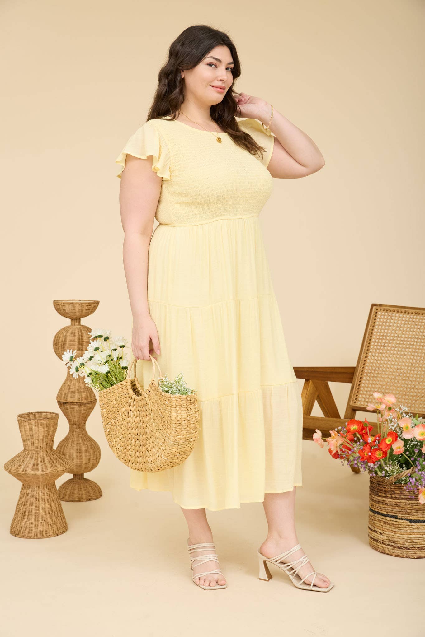 PLUS TIERED SMOCKED SHORT SLEEVE MIDI DRESS