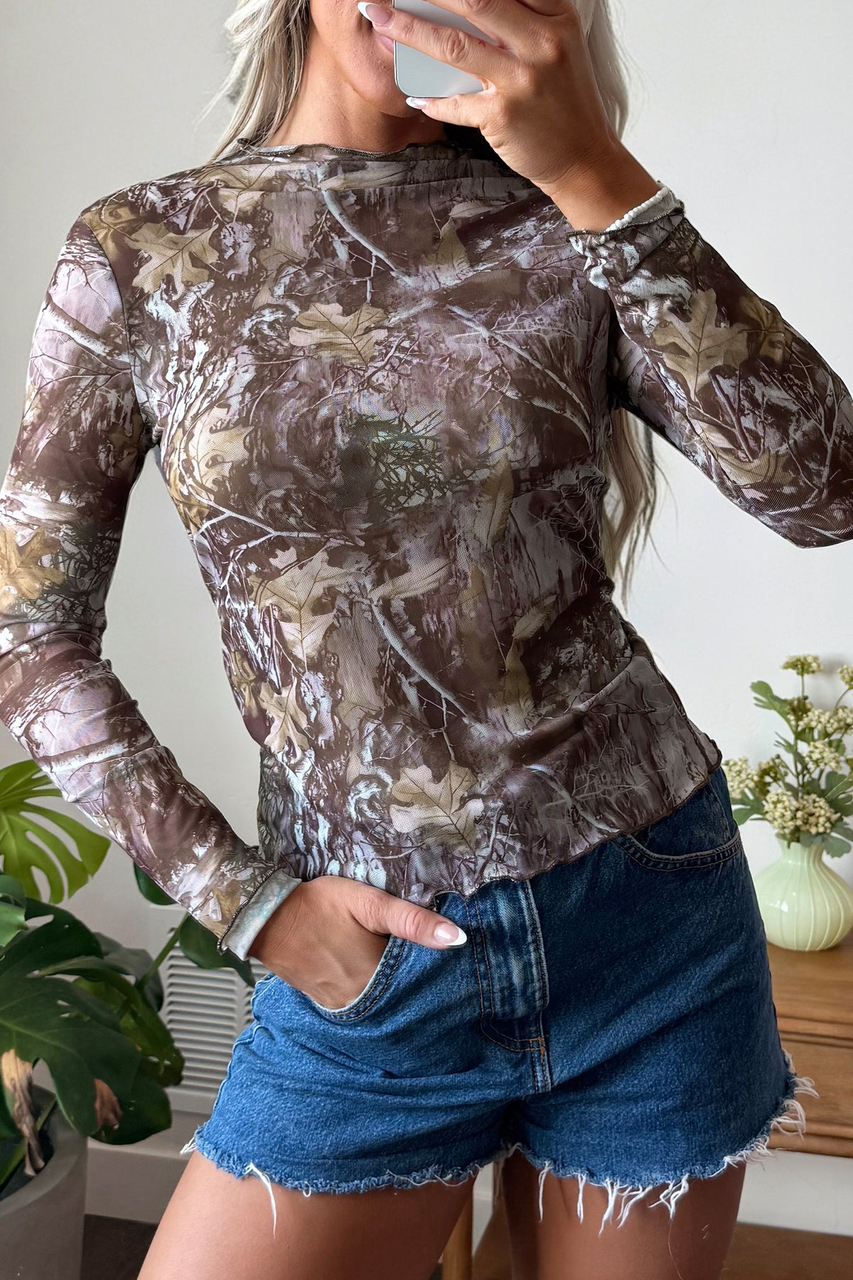 Smoke Gray Floral Print Slim Fit Mesh Long Sleeve Mock Neck Top