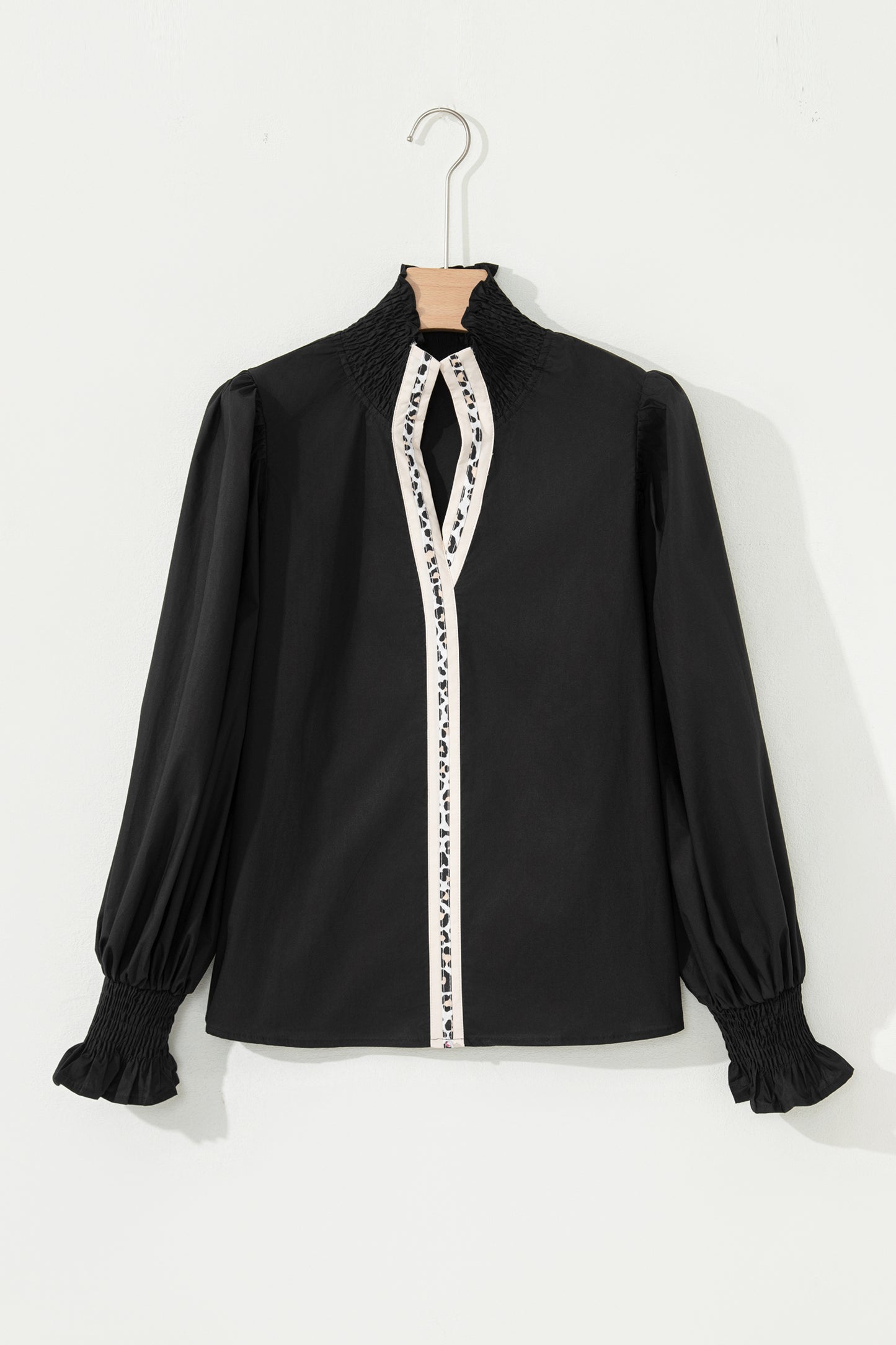 Black Puffy Flounce Sleeve Leopard Trim V Neck Blouse