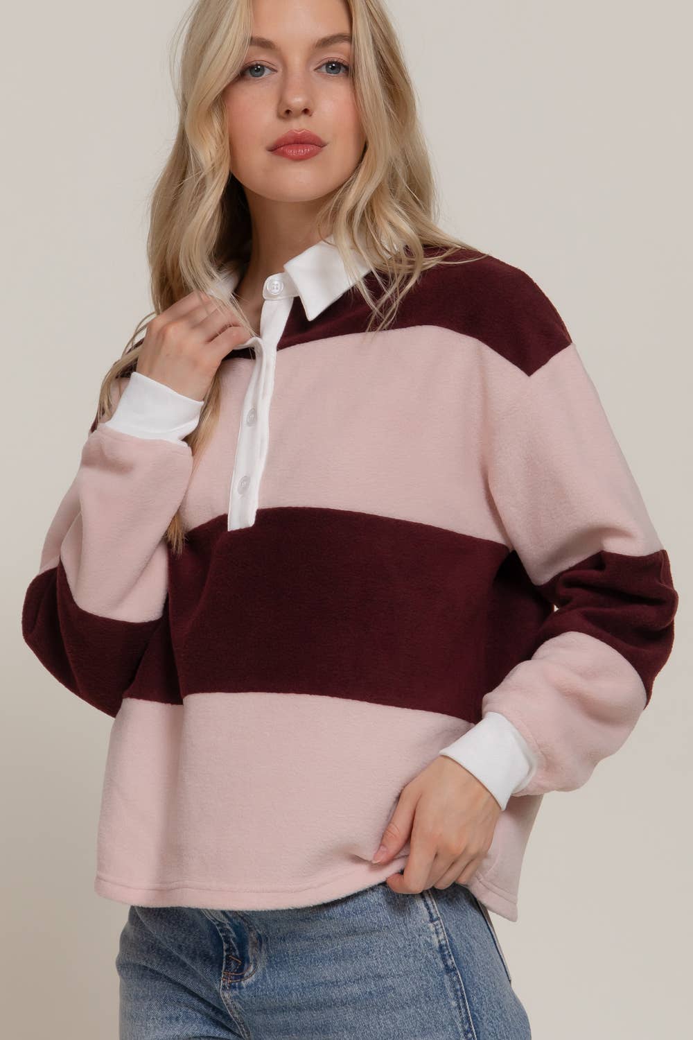 Striped Rugby Fleece Polo Top