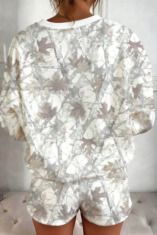 Light Grey Abstract Woodland Camo Print Baggy Pullover Drawstring Shorts Set