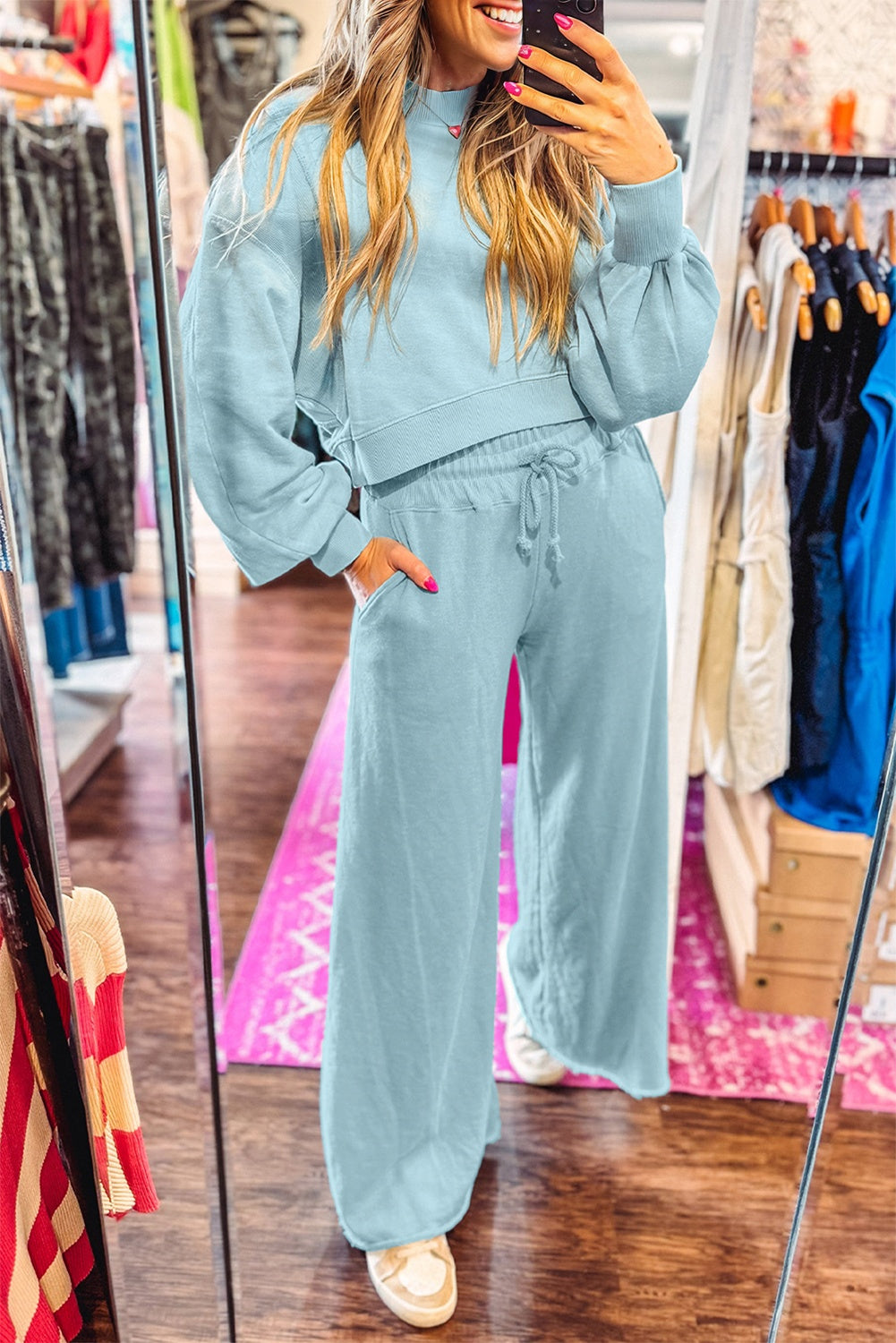 Mist Blue Drop Shoulder Puff Sleeve Crop Pullover Drawstring Wide Leg Pants Set