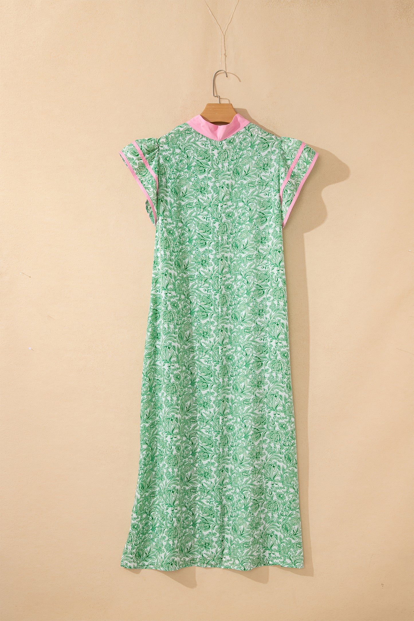 Pink Floral Print Color Block Patchwork V Neck Short Sleeve Midi Dress
