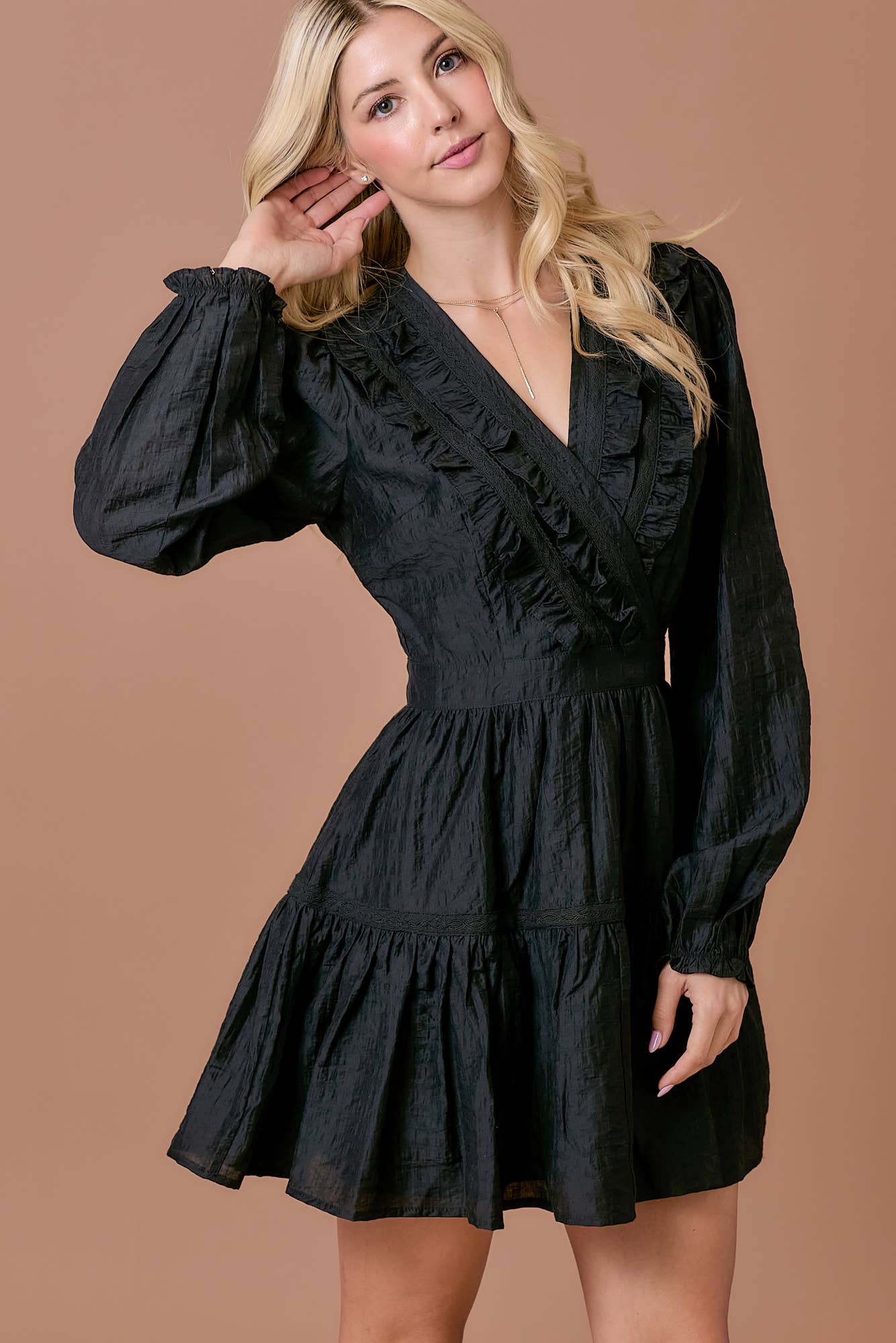 Surplice long sleeve dress with ruffle detailing: BLACK / S
