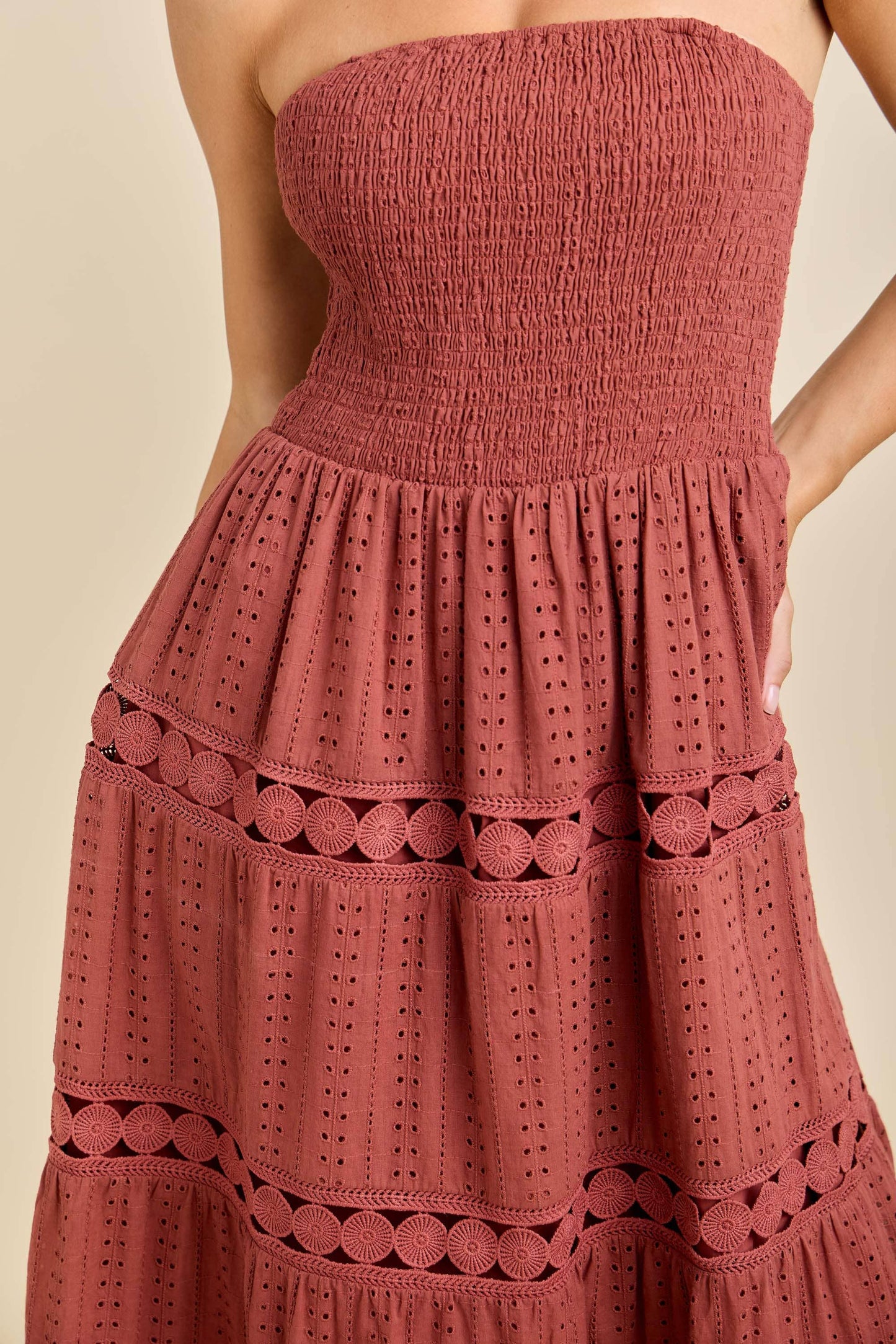 Smocked Eyelet Maxi Dress – Boho Summer Strapless