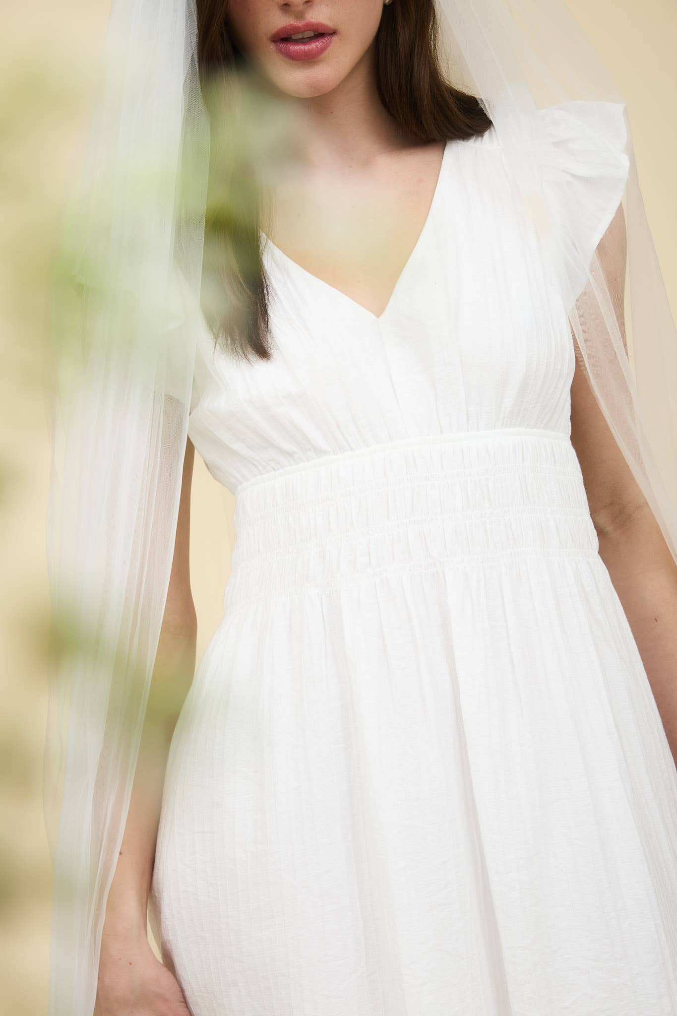 V NECK SHIRRED WAIST RUFFLE SLEEVE MINI DRESS