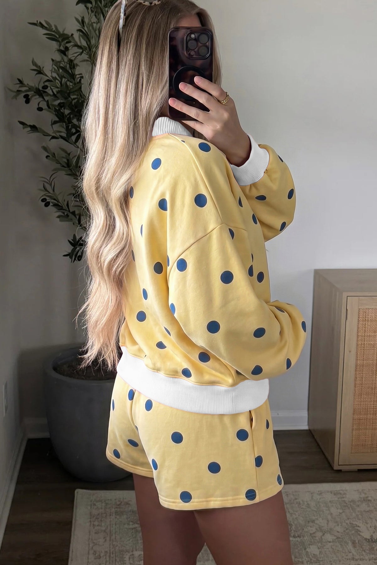 Yellow Polka Dot Ribbed Trim Long Sleeve Top Casual Short Set