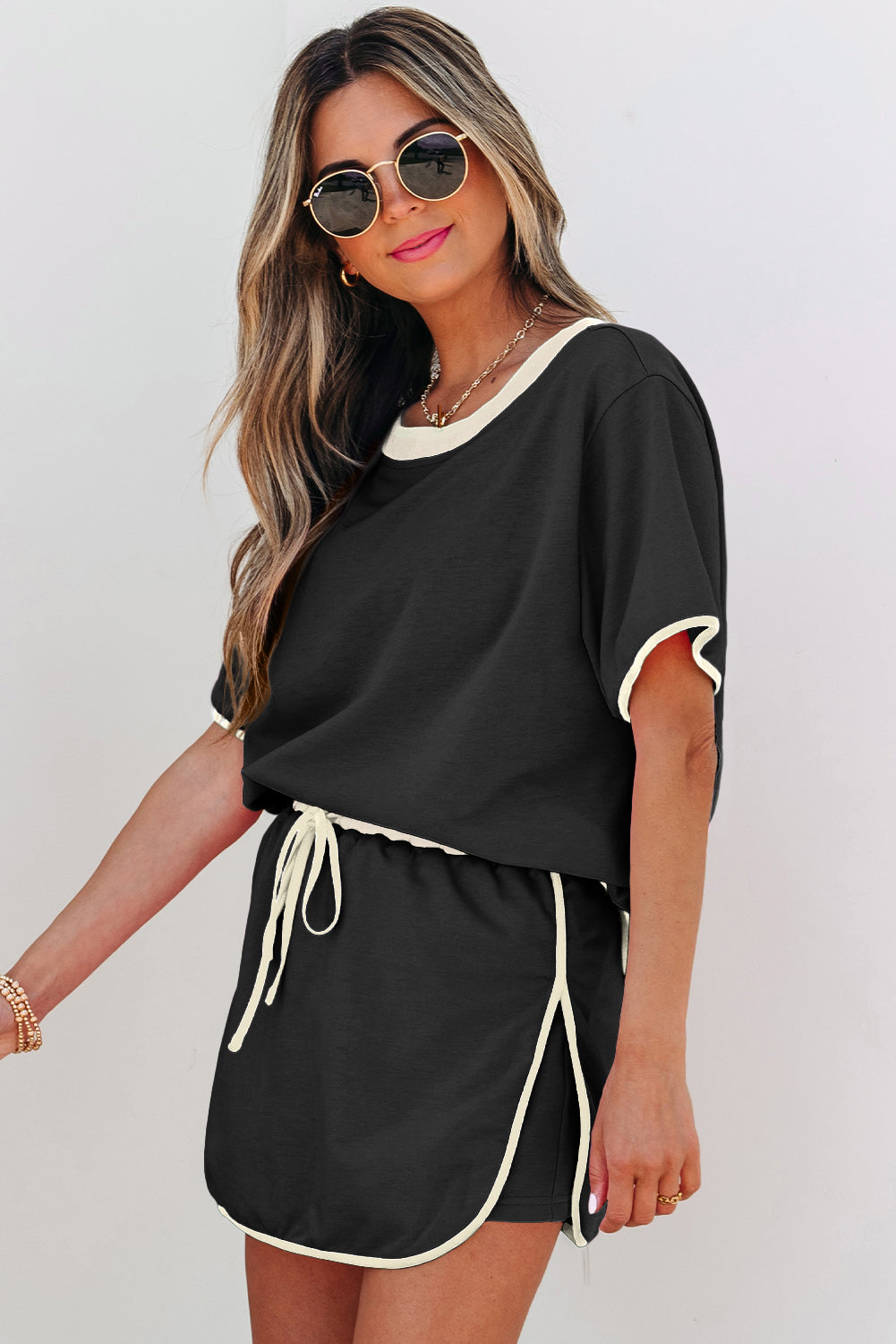 Turquoise Colorblock Edge Drop Shoulder T Shirt and Skort 2Pcs Set