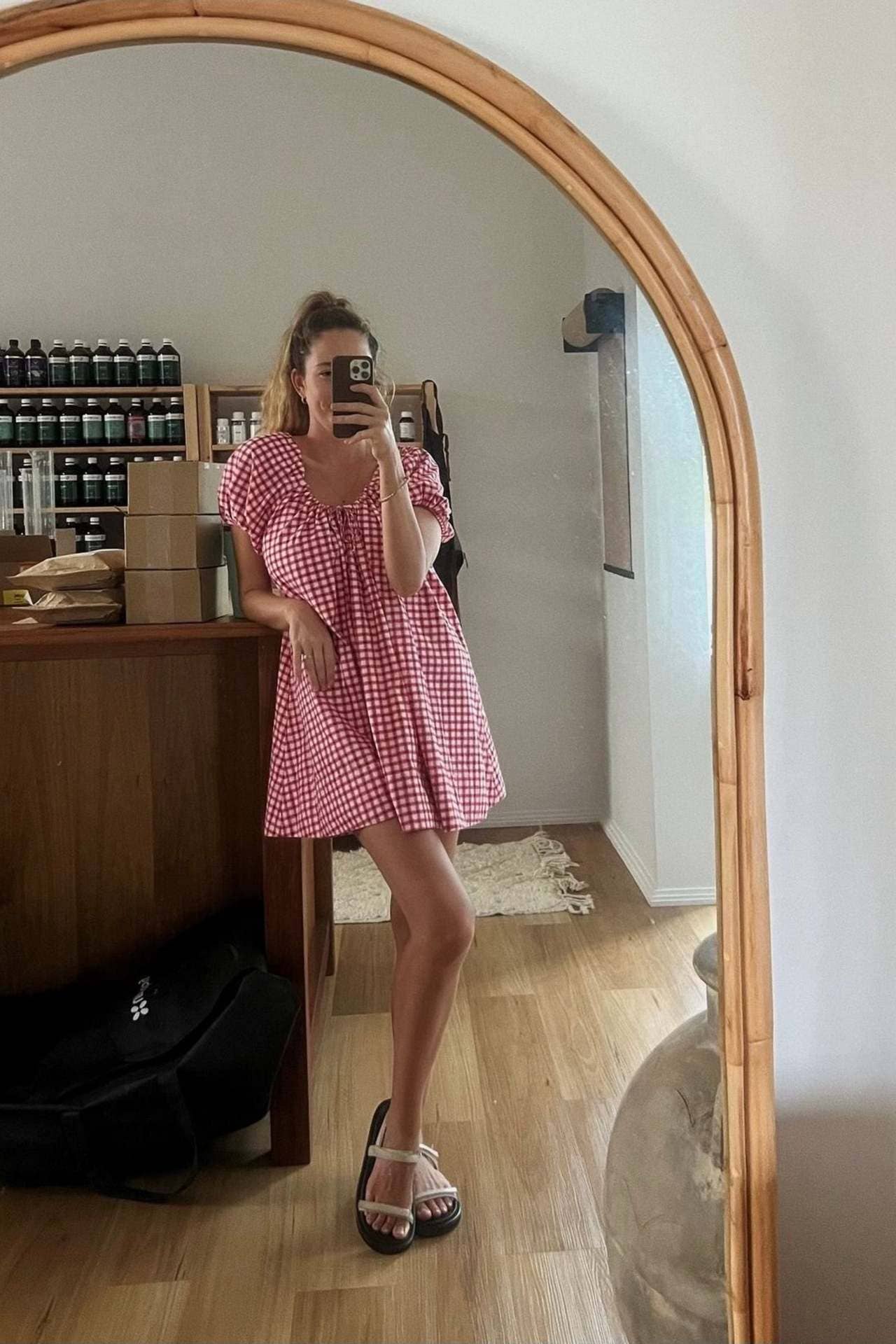 Rose Bloom Floral Red Gingham puff sleeve babydoll dress: Red / L
