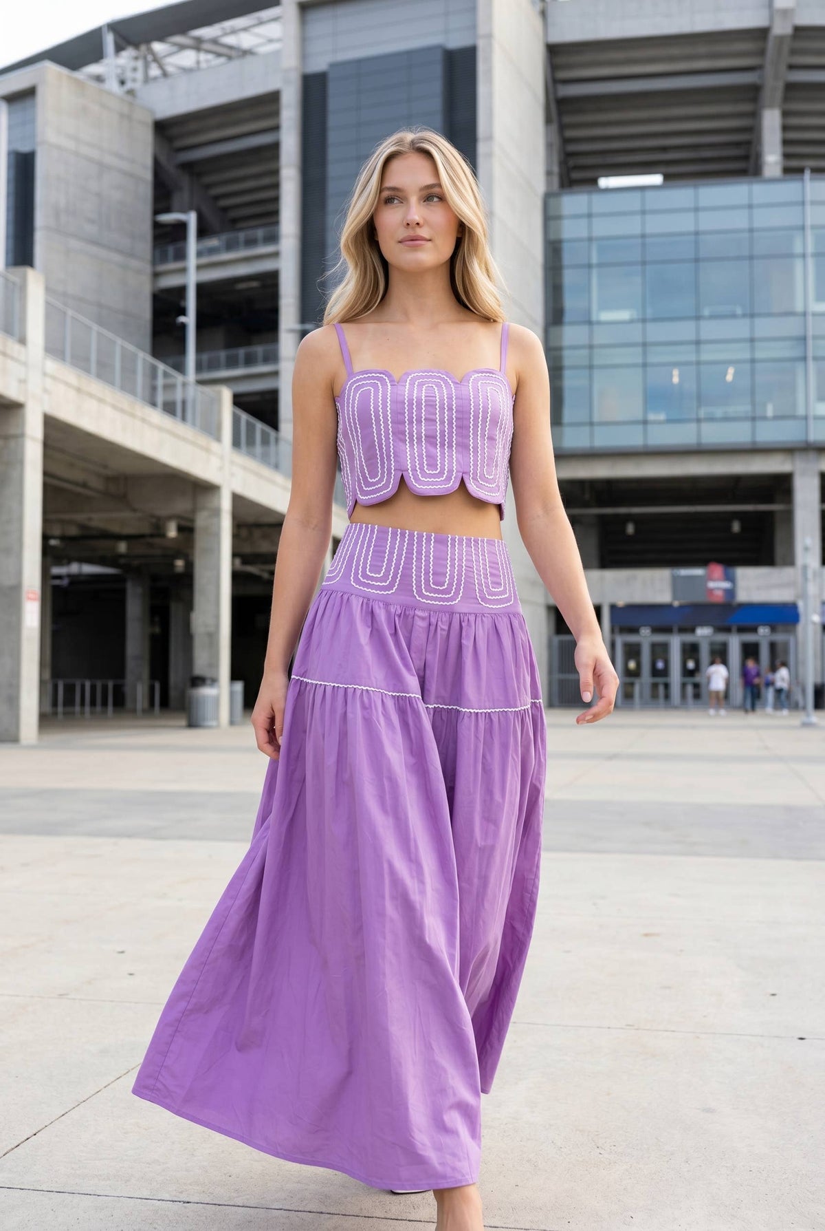 White Trimmed Purple Scalloped Top & Maxi Skirt Set