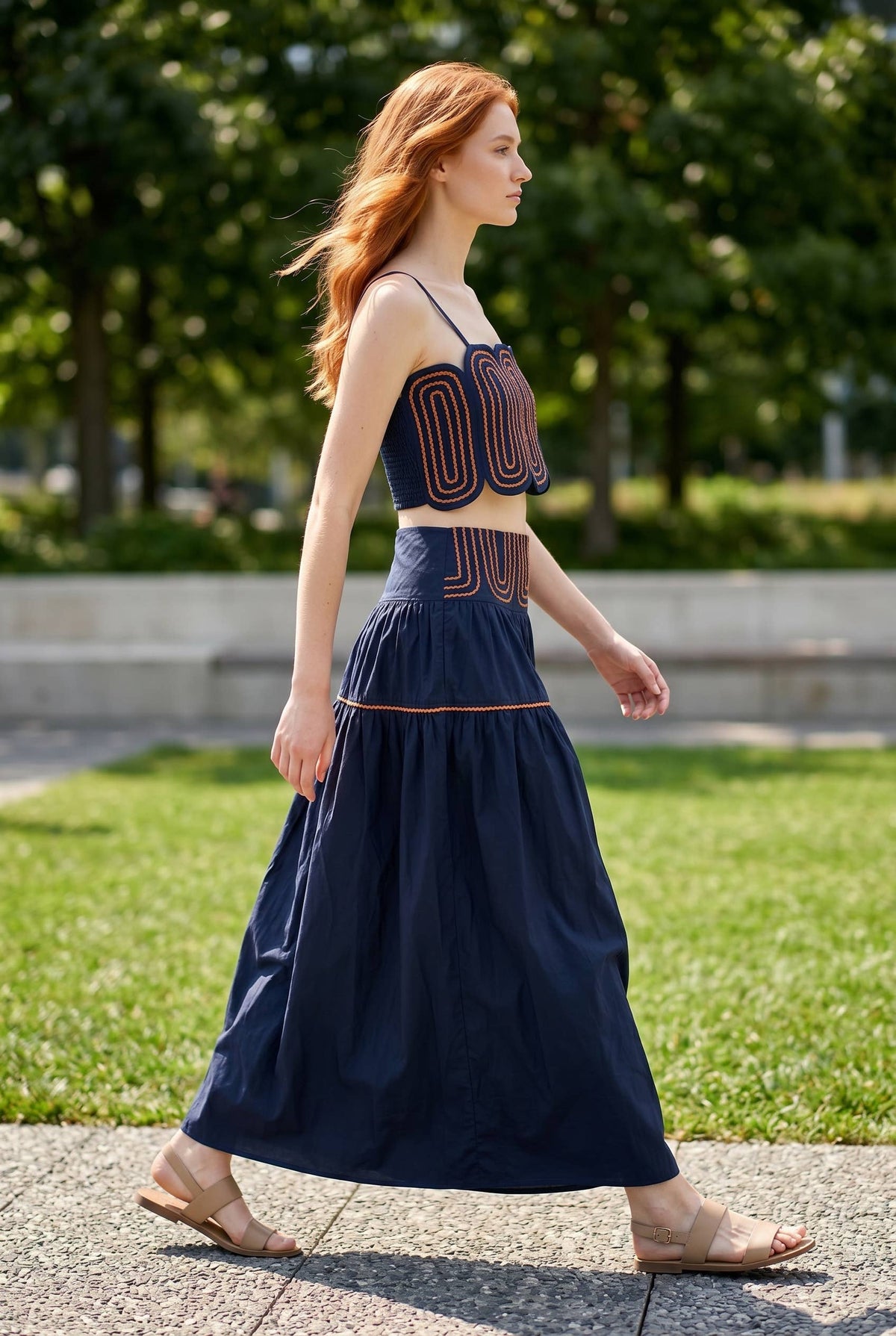 White Trimmed Purple Scalloped Top & Maxi Skirt Set