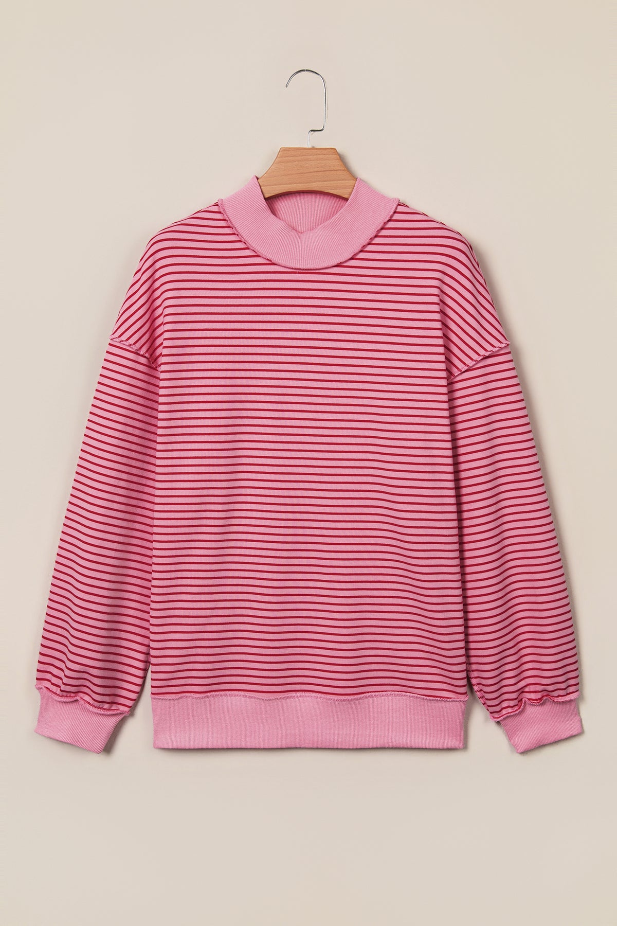 Khaki Stripe Ribbed Color Block Mock Neck Oversized Sweatshirt