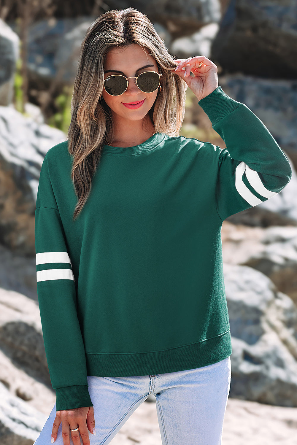 Dark Grey Varsity Striped Detail Drop Shoulder Oversized Sweatshirt