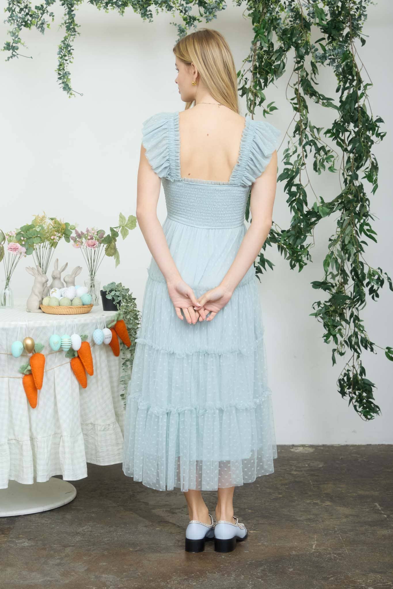 POLKA DOT CHIFFON SMOCKED TIERED MIDI DRESS