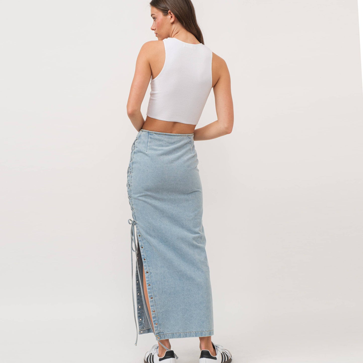 LIGHT DENIM SIDE LACE UP MAXI SKIRT-HES0010: LIGHT DENIM / L
