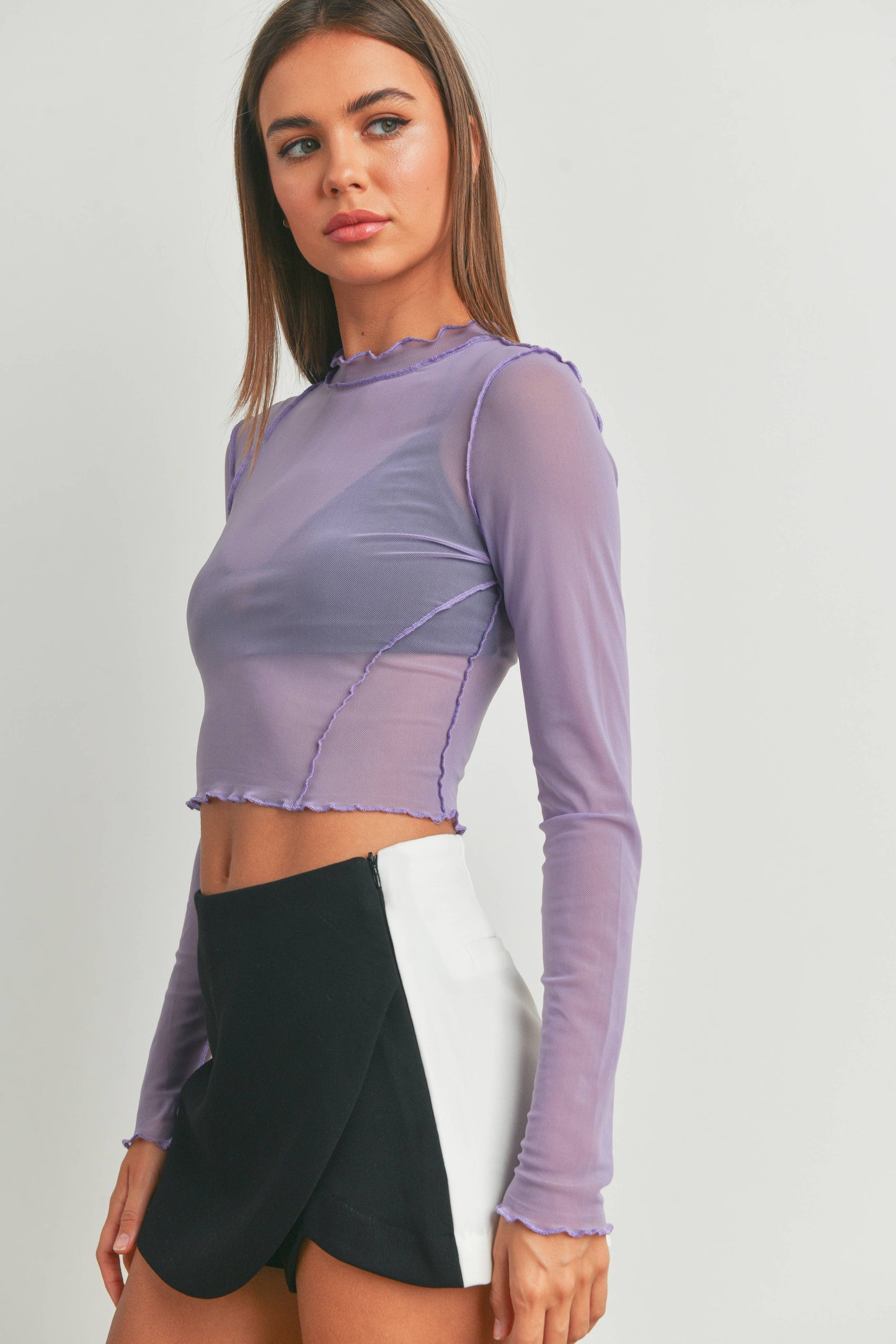 Mesh Merrow Edge Detail Long Sleeve Top - BMT7137: WHITE / L