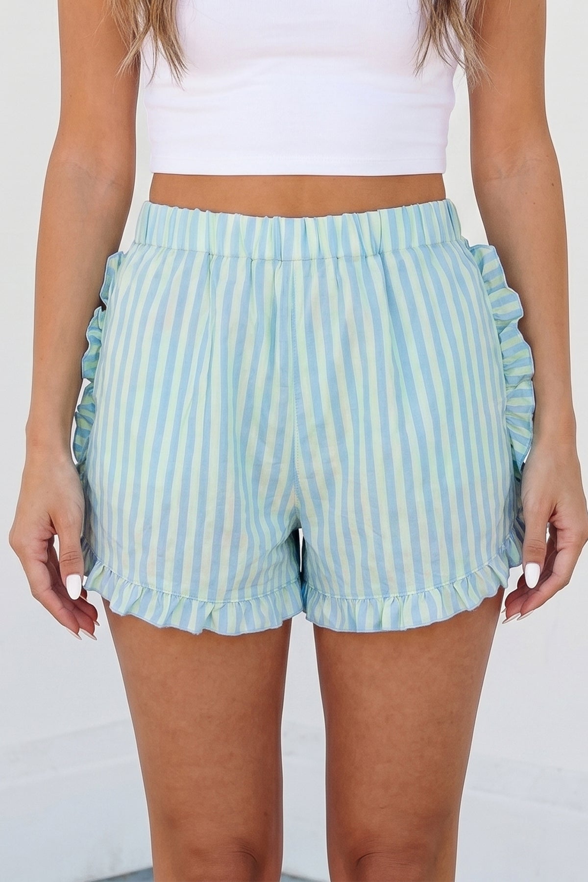 Rose Stripe Elastic Waist Ruffle Trim Casual Shorts