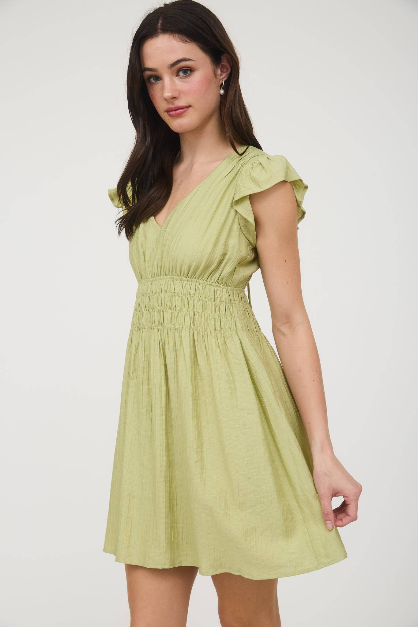 V NECK SHIRRED WAIST RUFFLE SLEEVE MINI DRESS