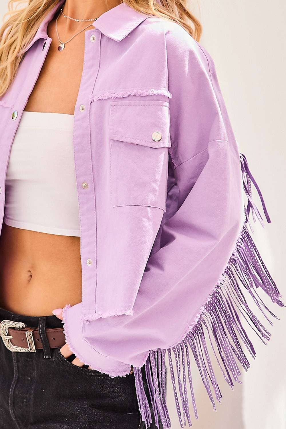 Stud Fringe Jacket: LAVENDER / L