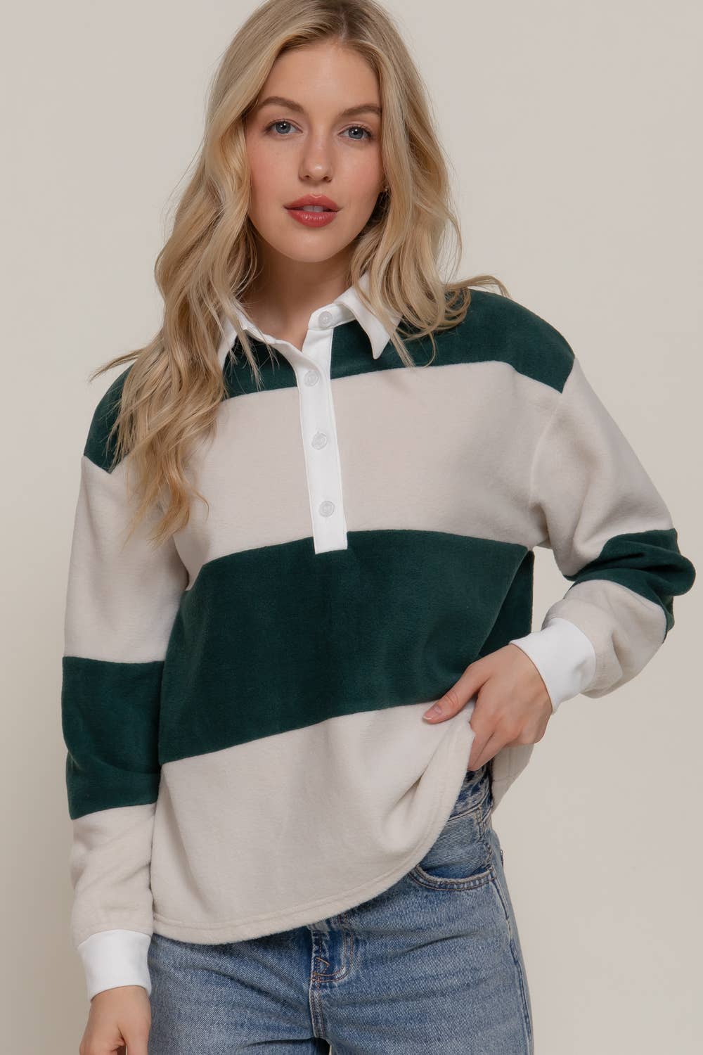 Striped Rugby Fleece Polo Top