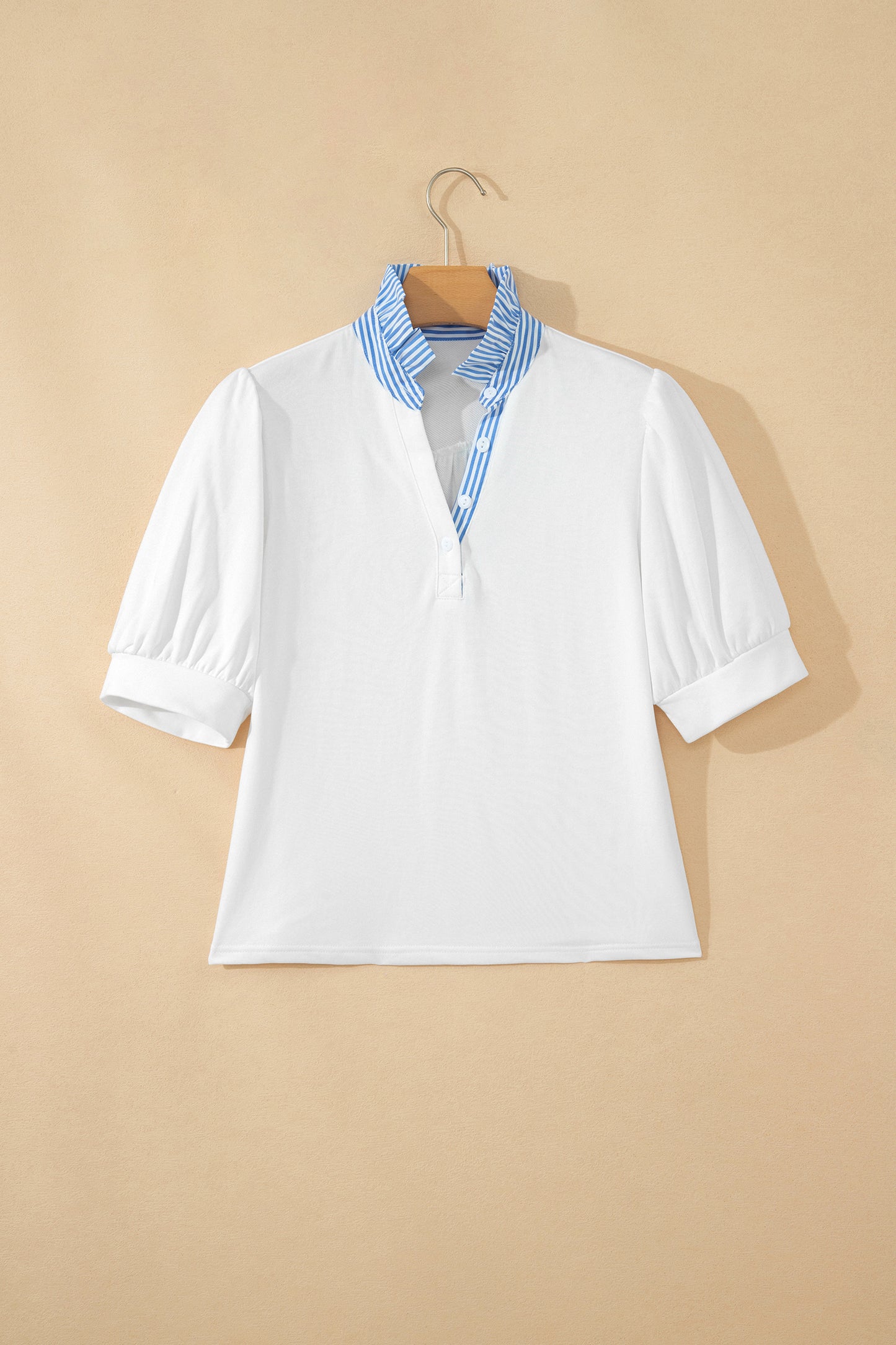Fiery Red Striped Frilled Collar Short Sleeve Blouse