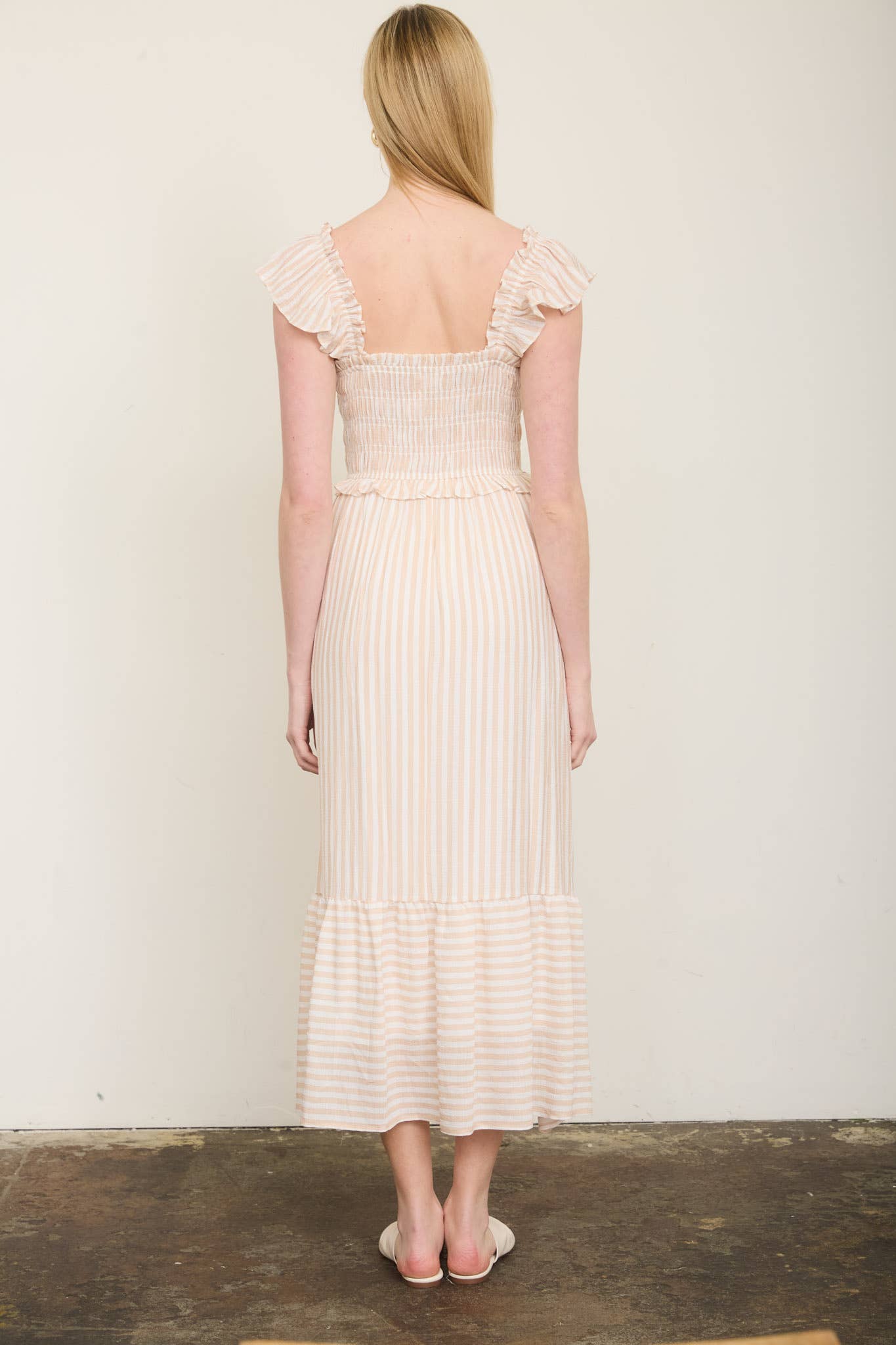 PLUS BLUE AND WHITE STRIPED SMOCKED RUFFLE TRIM MIDI DRESS