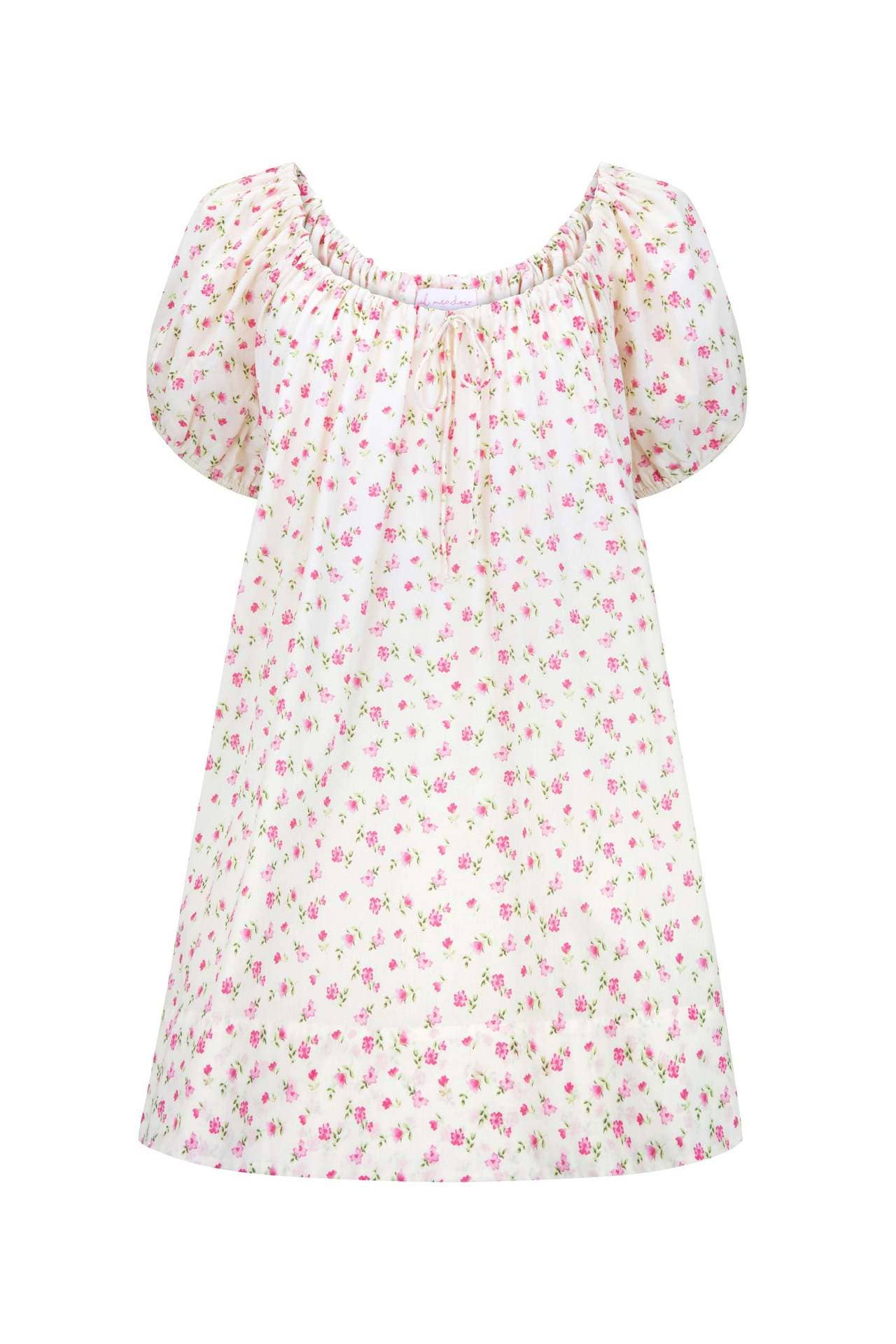 Rose Bloom Floral Red Gingham puff sleeve babydoll dress: Red / L