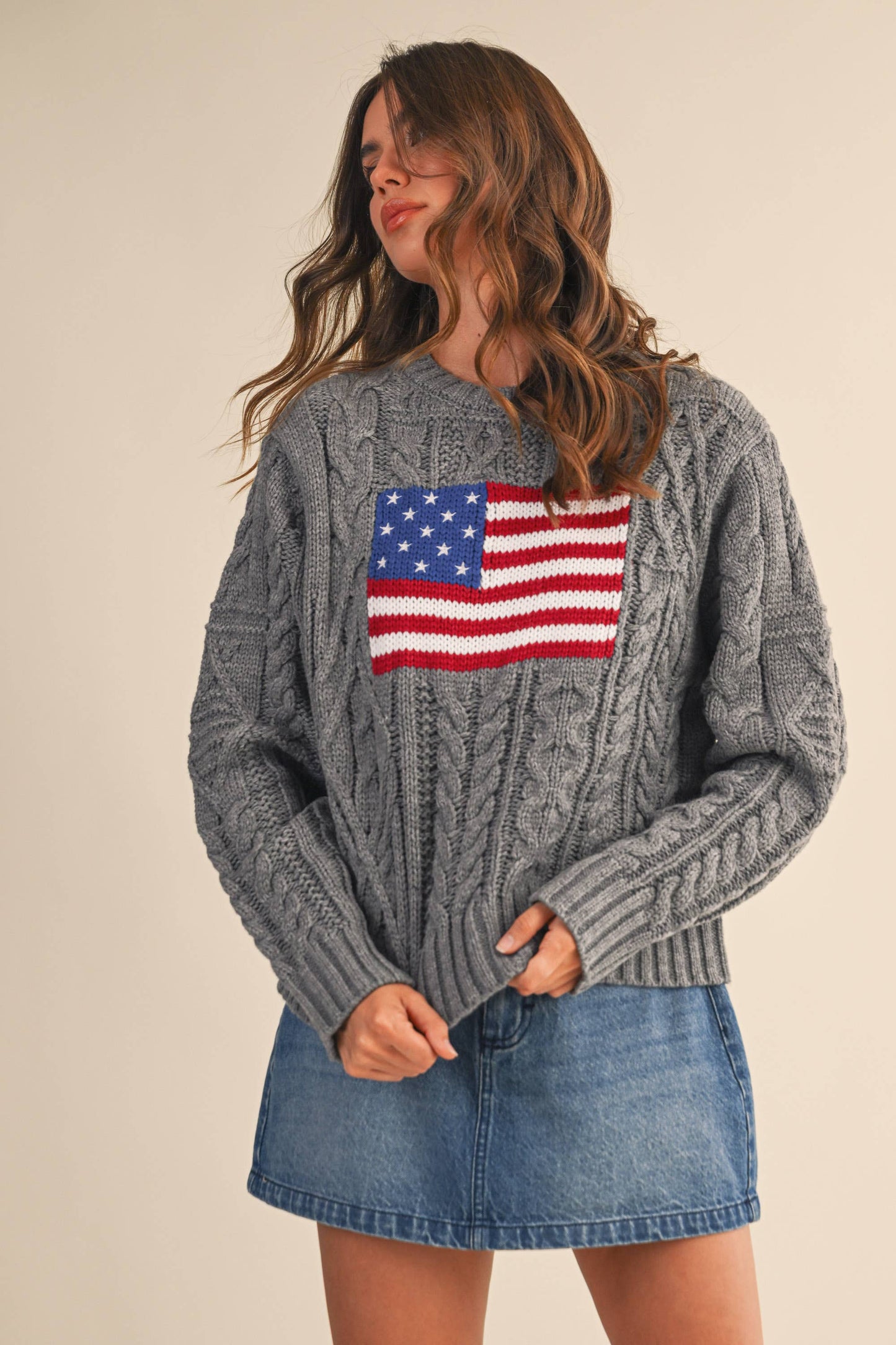 IT4473 USA FLAG CABLE KNIT SWEATER