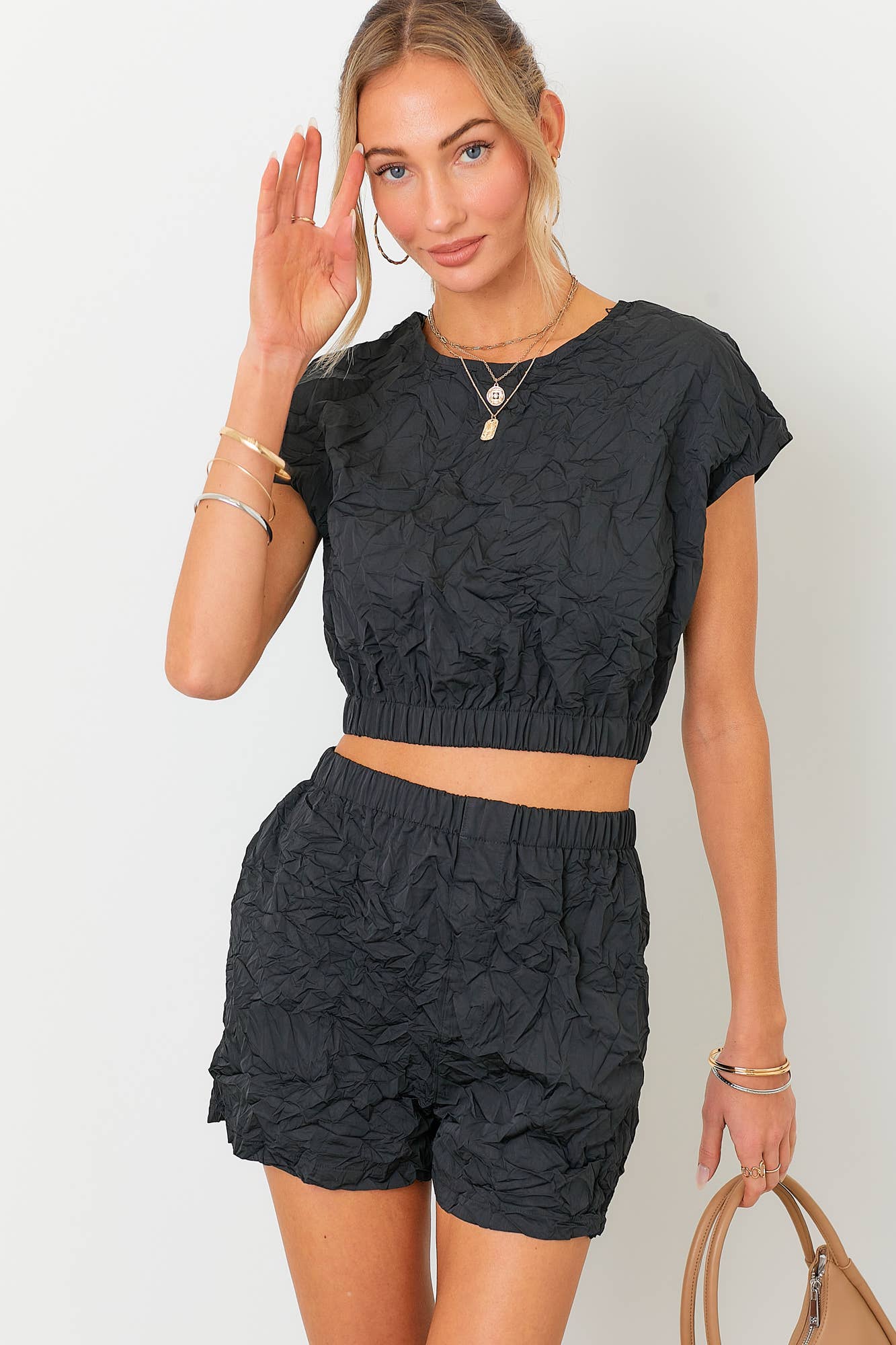 Crinkle Crop Top and Shorts Set: BLACK / S