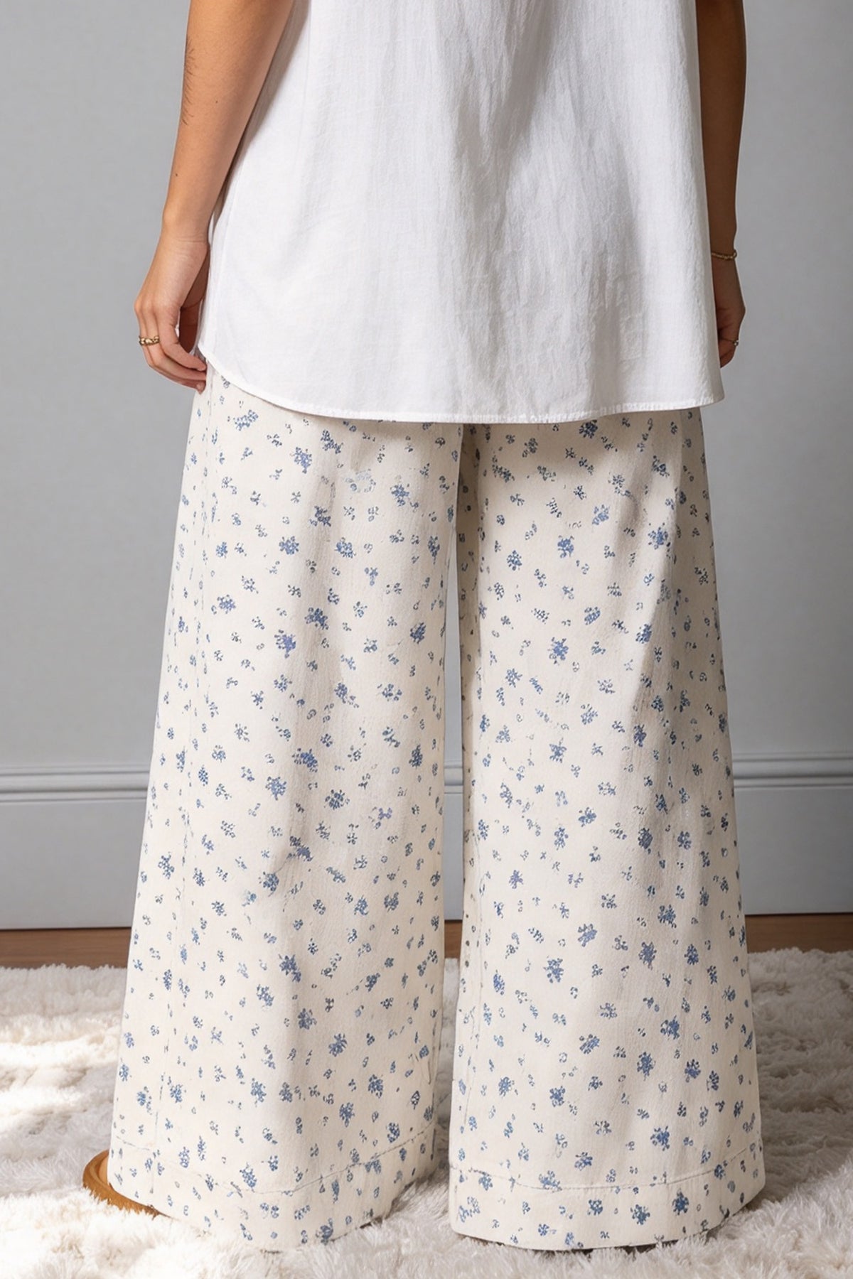 White Button Drawstring Pleated High Waist Floral Wide Leg Jeans