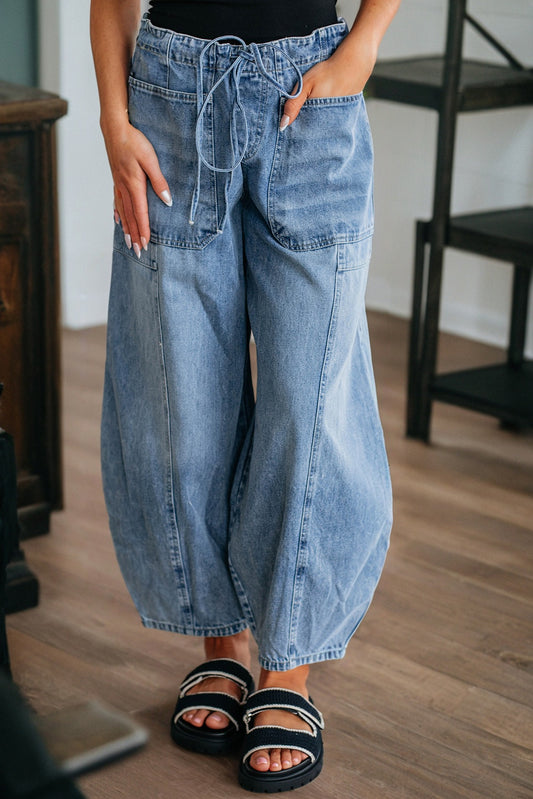 Patch Pocket Drawstring Paperbag Waist Barrel Jeans