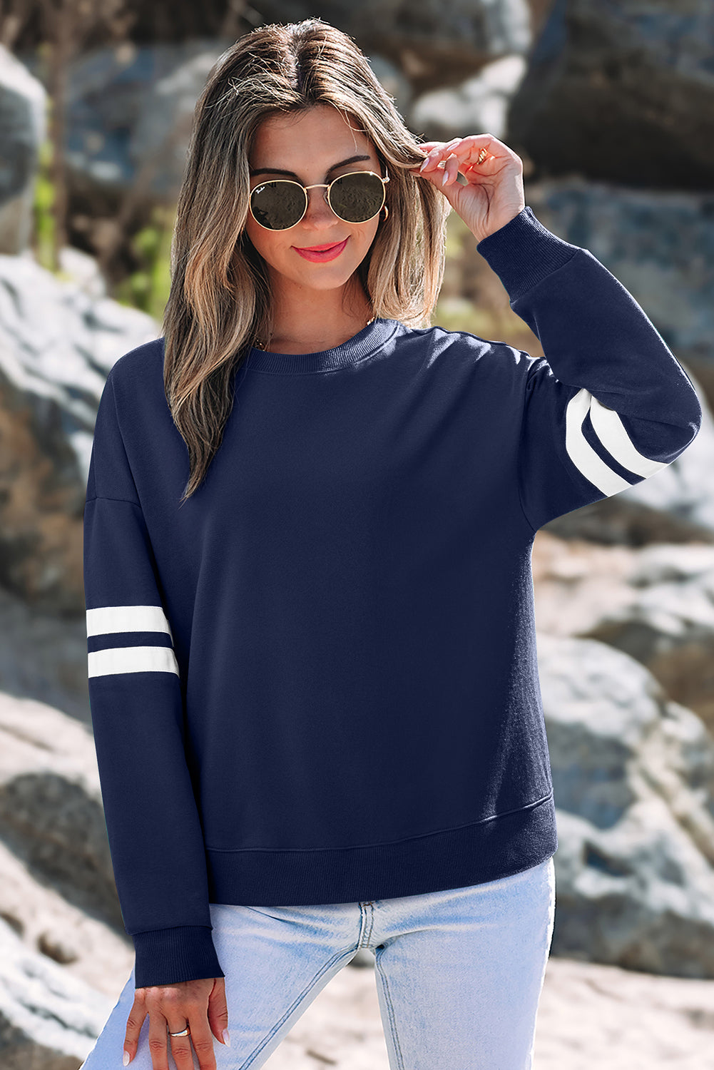 Dark Grey Varsity Striped Detail Drop Shoulder Oversized Sweatshirt