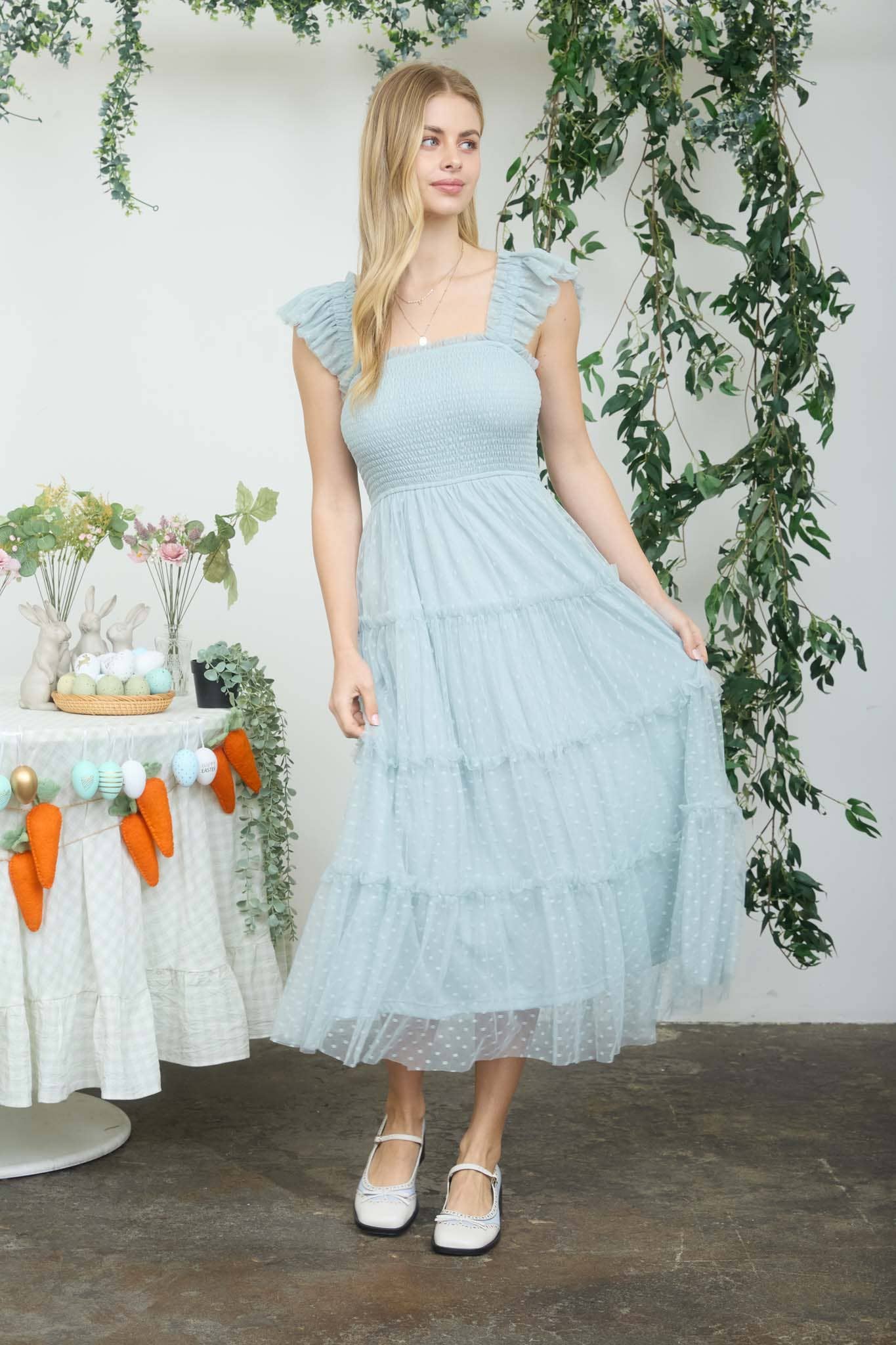 POLKA DOT CHIFFON SMOCKED TIERED MIDI DRESS
