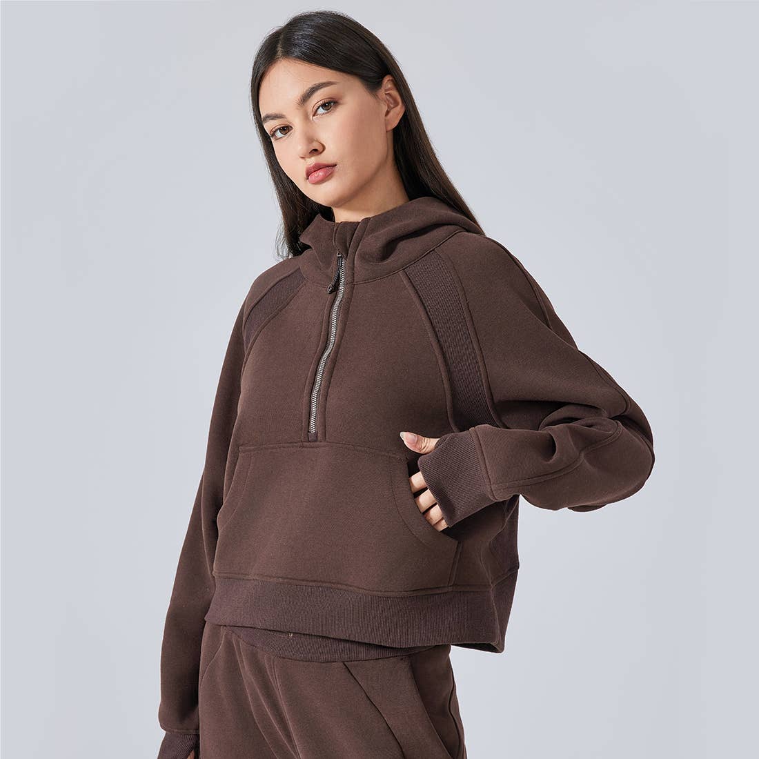 Women Fall Winter Half Zipper Sweatshirt Big Pockets Hoodie : Brown / S