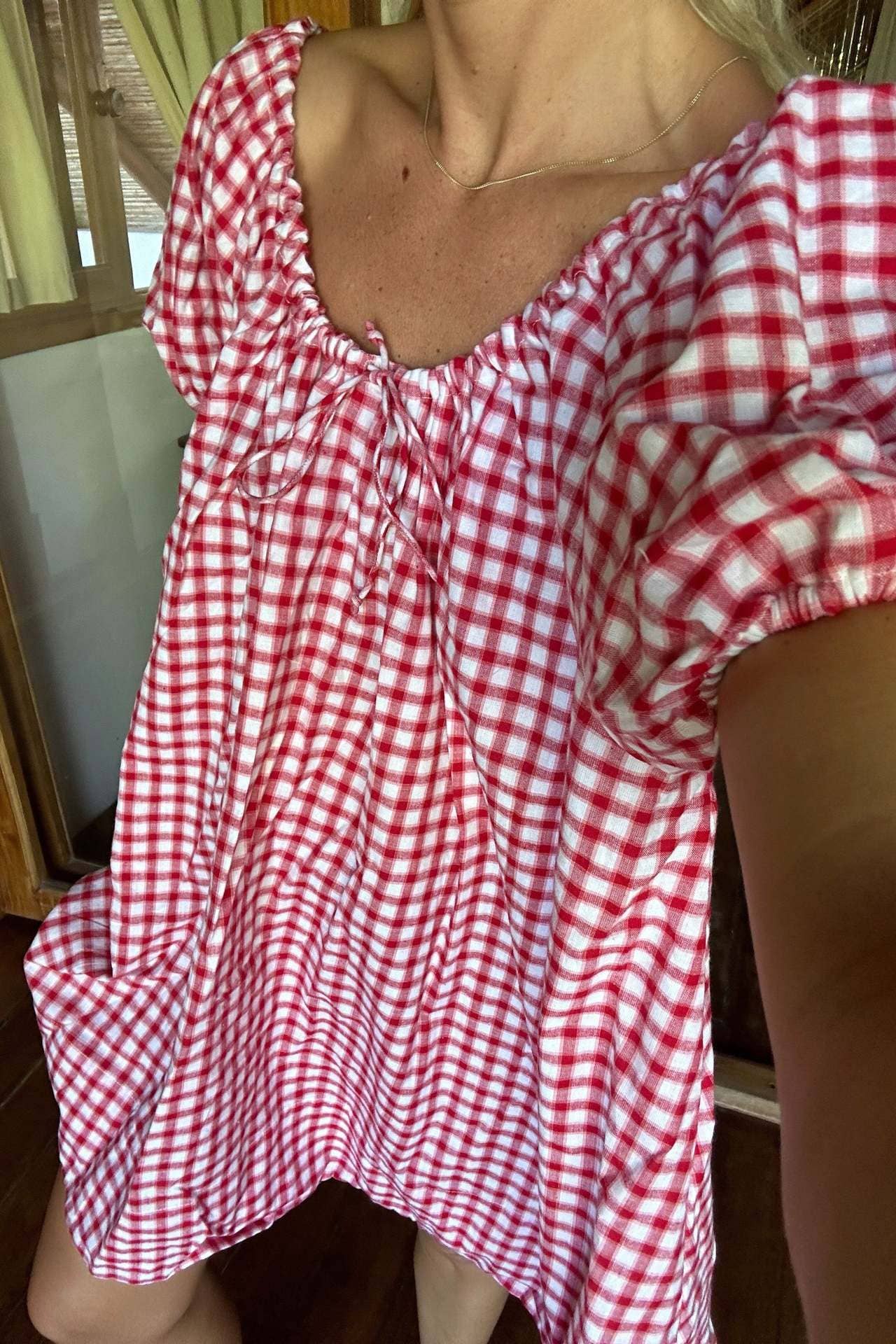 Rose Bloom Floral Red Gingham puff sleeve babydoll dress: Red / L