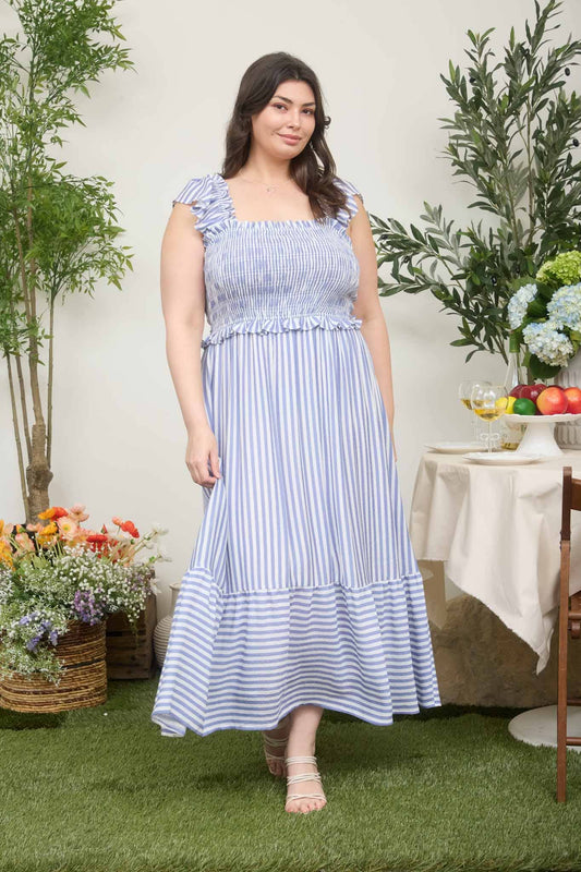 PLUS BLUE AND WHITE STRIPED SMOCKED RUFFLE TRIM MIDI DRESS